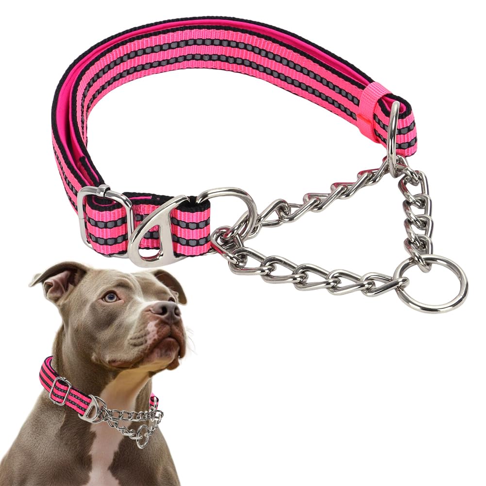 Pink Martingale Collar For Medium Dogs, Reflective Nylon Dog Chain Collar Heavy Duty Martingale Dog Collar With Stainless Steel 