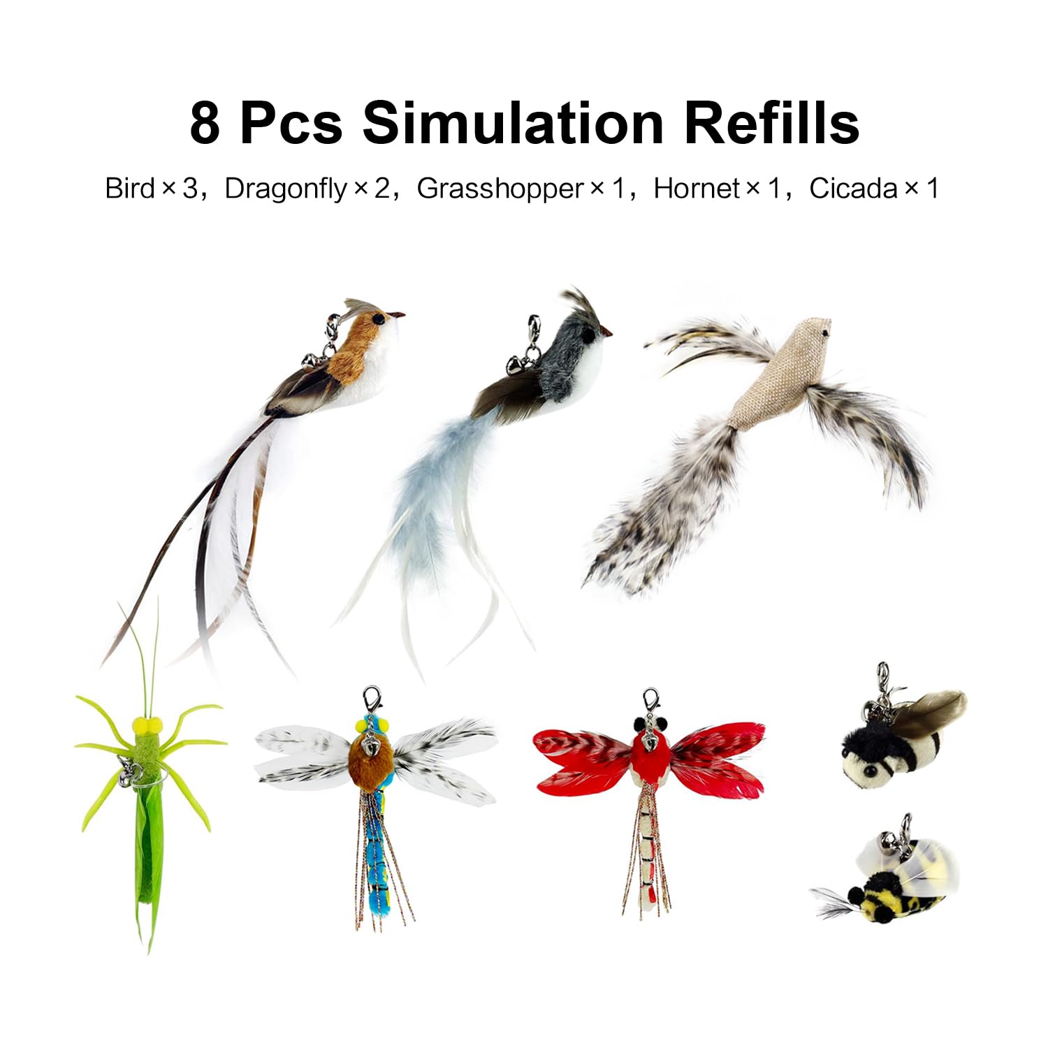 Ttcat Cat Feather Toys With 1 Suction Cup,2 Cat Wands,8Pcs Birds And Insects Simulation Feather Refills With Bells, Interactive