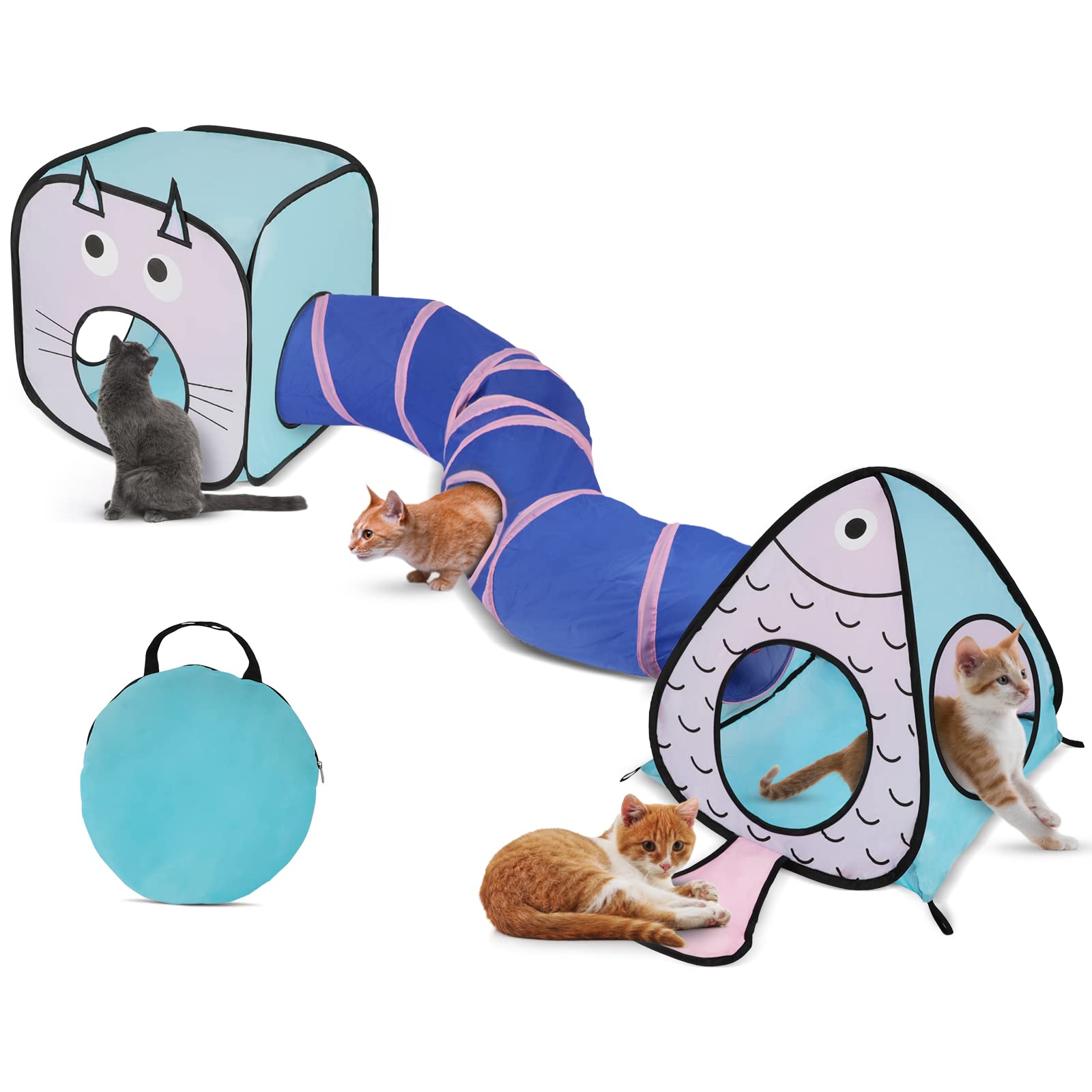 Rypet Cat Toy Tunnel And Cubes Bundle - Interactive Crinkle Collapsible Cat Tube And Foldable Cubes Playground For Kitty, Rabbit