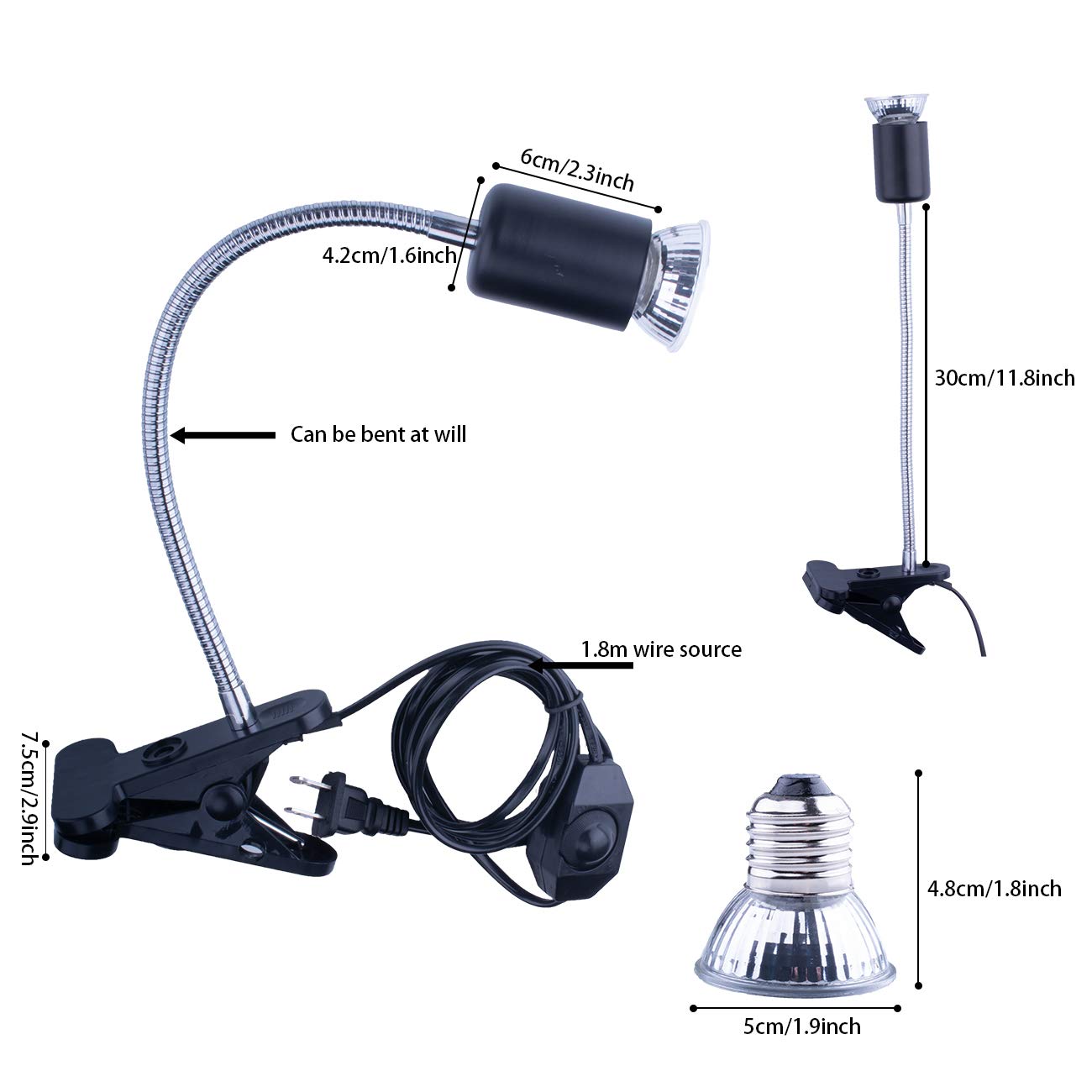 Reptile Heat Lamp, Uvb Bulb, Uvb Reptile Light Fixture, Uva Uvb Reptile Light, Aquatic Turtle Heating Lamp, Turtle Aquarium Tank Heating Lamps Holder & Switch With 4 Heat Bulbs-Black