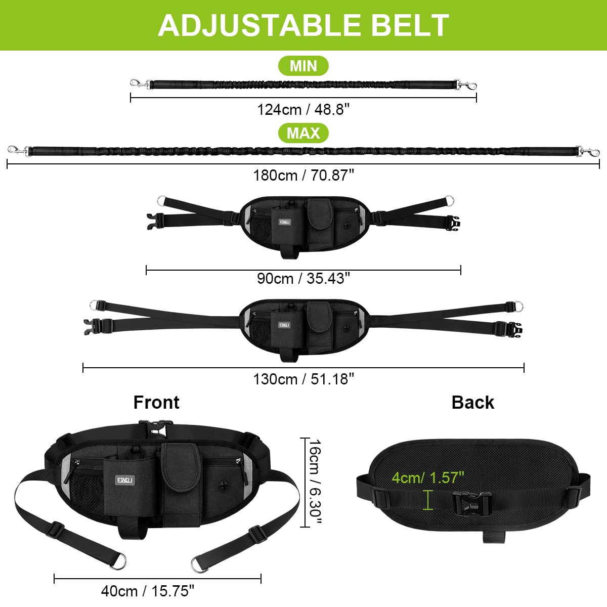 Etaccu Hands Free Dog Leash For 2 Dogs With Dual Heavy-Duty Traffic Handle, Retractable Dog Walking Belt, Adjustable Dog Running Waist Belt With Pouch, Reflective Stitches Leash For Jogging Black