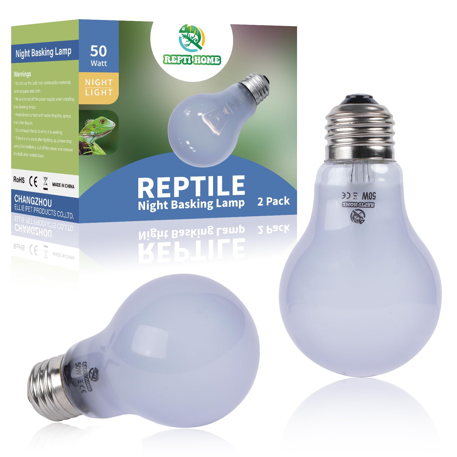 REPTI HOME Reptile Heat Lamp 2 Pack 50W, Daylight Heat Bulb for Reptiles & Amphibians, Reptile Heat Light for Bearded Dragon, Li
