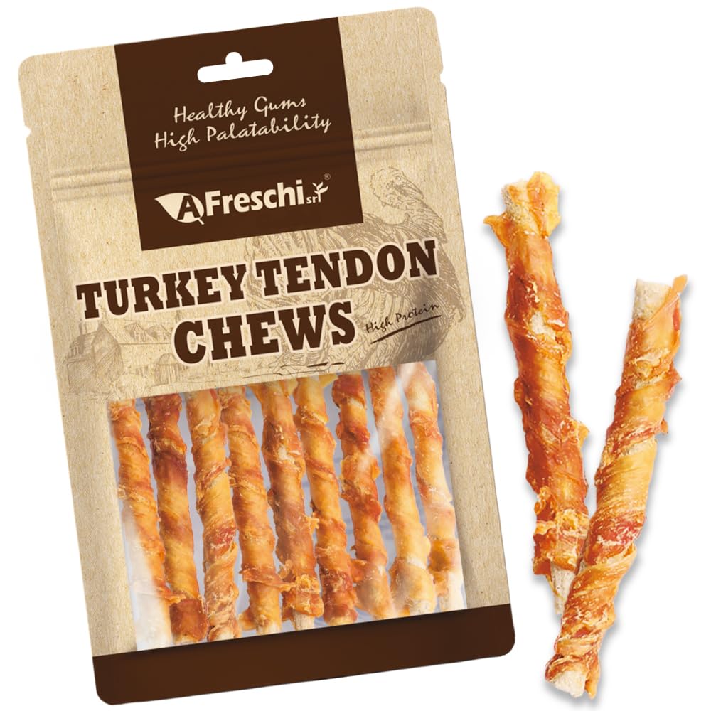 Afreschi Wrapped Turkey Tendon with Brown Rice Stick 3.5 oz, USA-Sourced Turkey Tendon, Dog Treats for Wrapped Series, All Natur