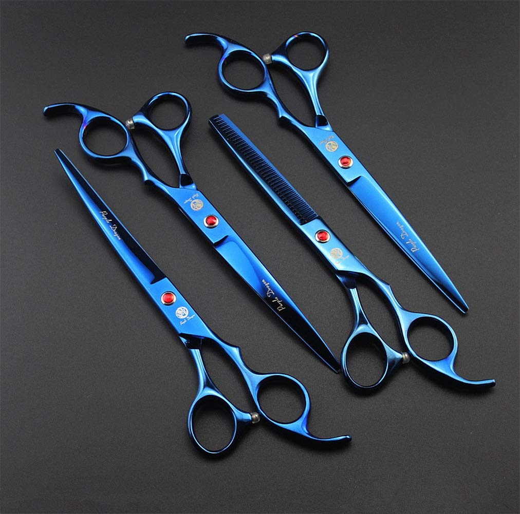 Purple Dragon Professional 7.0 Inch 4Pcs Pet Grooming Scissors Kit Japan Premium Steel Straight & Curved & Thinning Blade Dog Ha