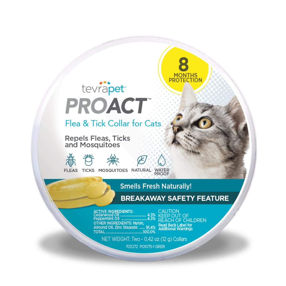 Tevrapet Proact Flea And Tick Collar For Cats, 8 Months Of Flea And Tick Protection, Repels Mosquitos - 2Ct