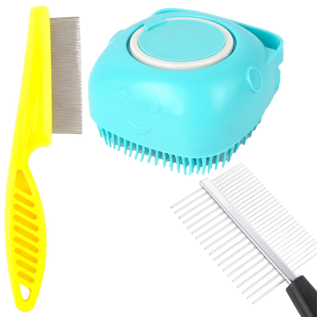 Pet Grooming Brush Set, Turquoise and Yellow, DoubleSided Metal Comb with Silicone Handle, Professional Dog Hair Detangling Too