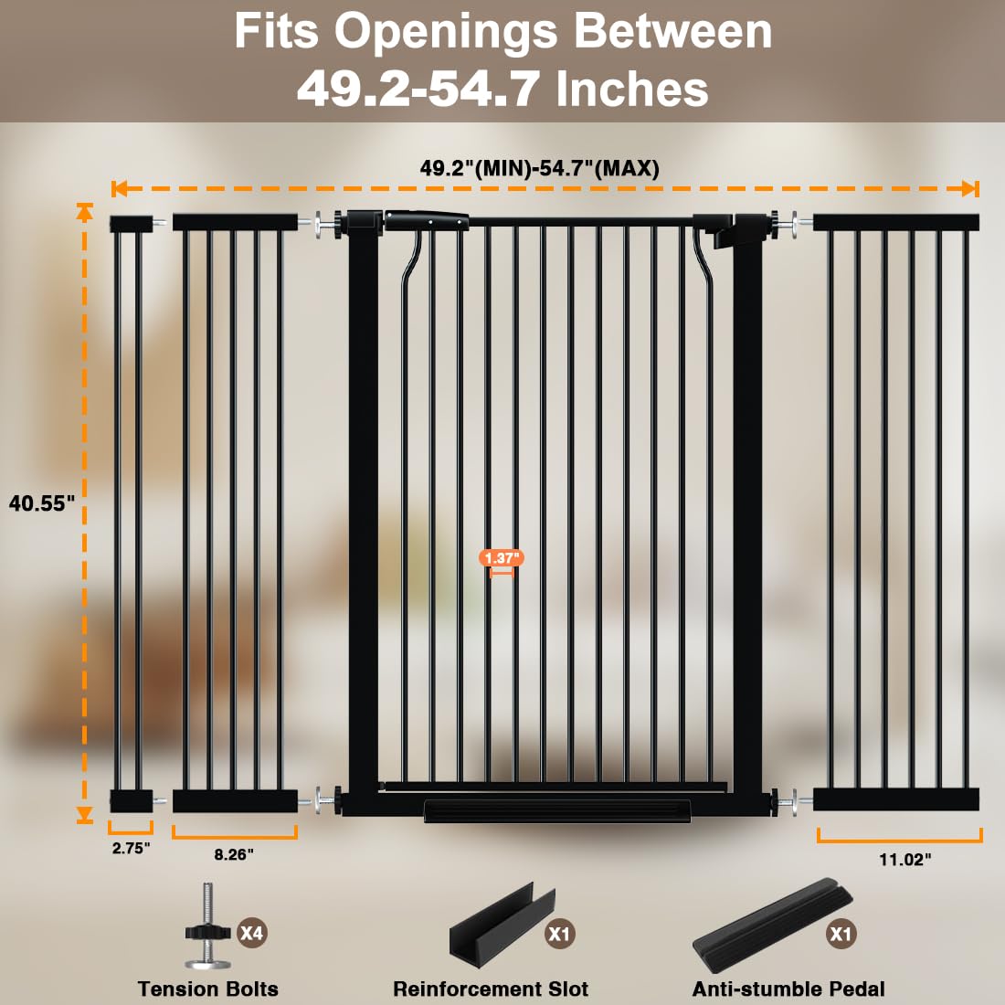 THEYFIRST 40.55'' Extra Tall Baby Gate, 49.2-54.7 in Wide, No Drilling, Pressure Mounted Child Safety Gate with Door, Black