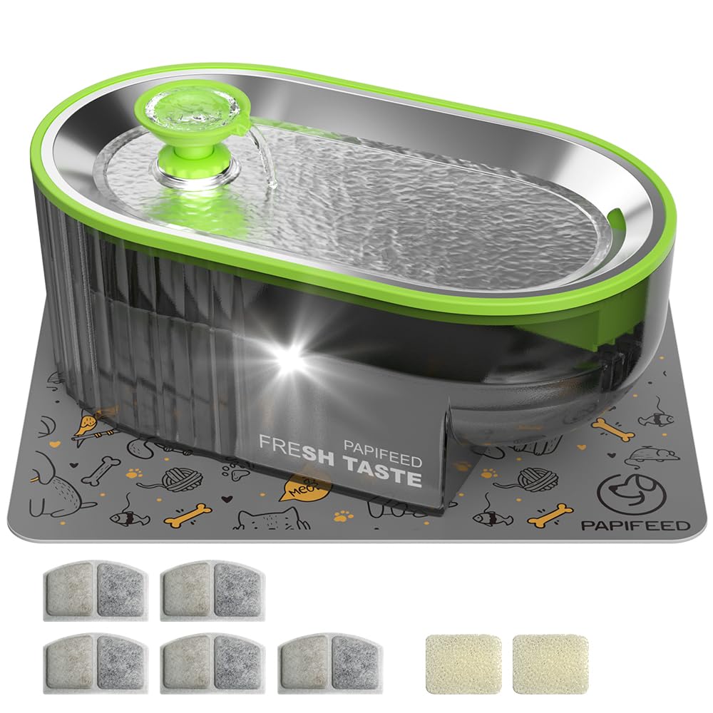 Cat Water Fountain Stainless Steel with a Silicone Mat, 84oz/2.5L Automatic Cat Water Fountain with Water Level Window and LED L