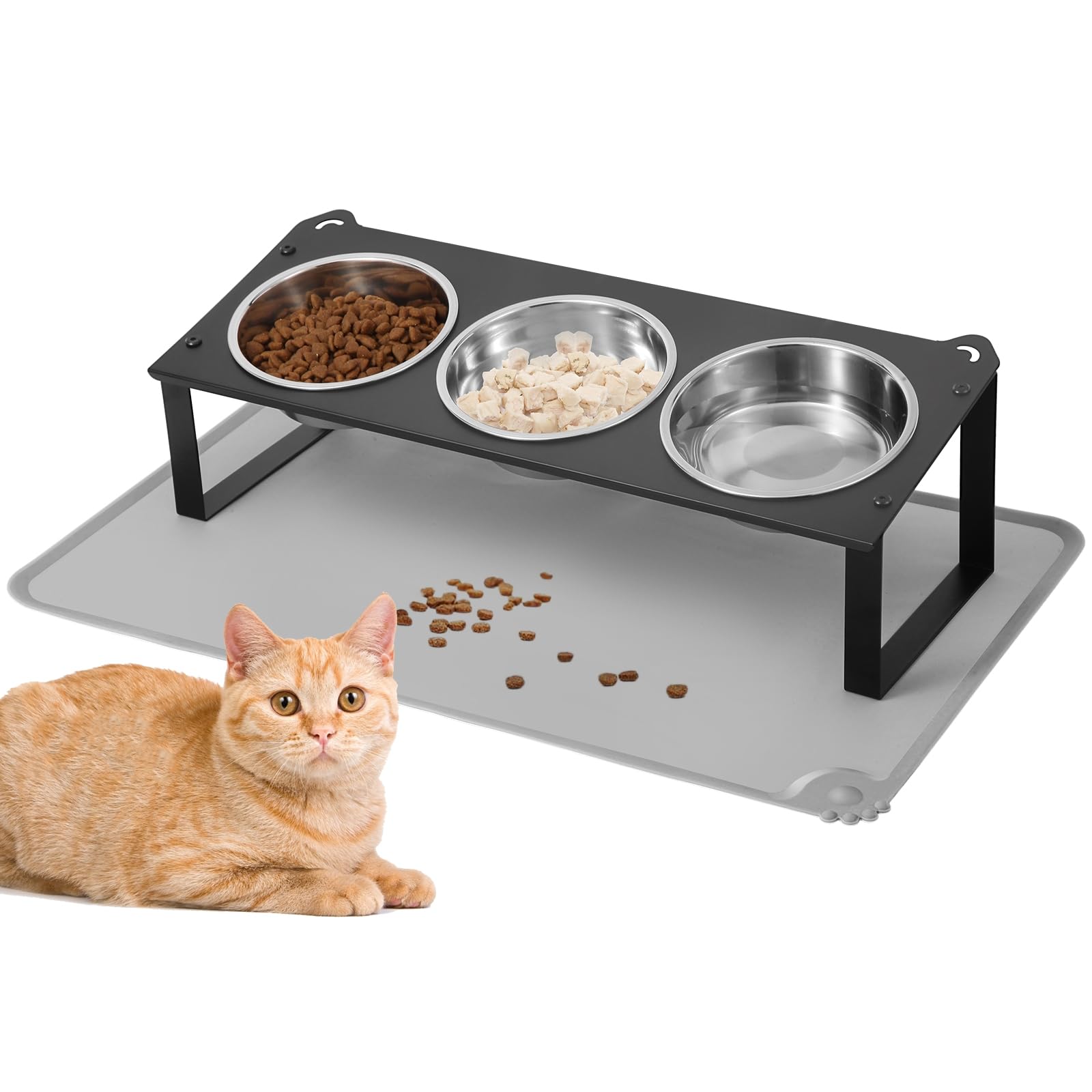 Elevated Cat Bowls with Food Mat, 10Tilted Non-Slip Raised Cat Food Water Bowls Set, 3 Thick Stainless Steel Pets Dishes with Cu