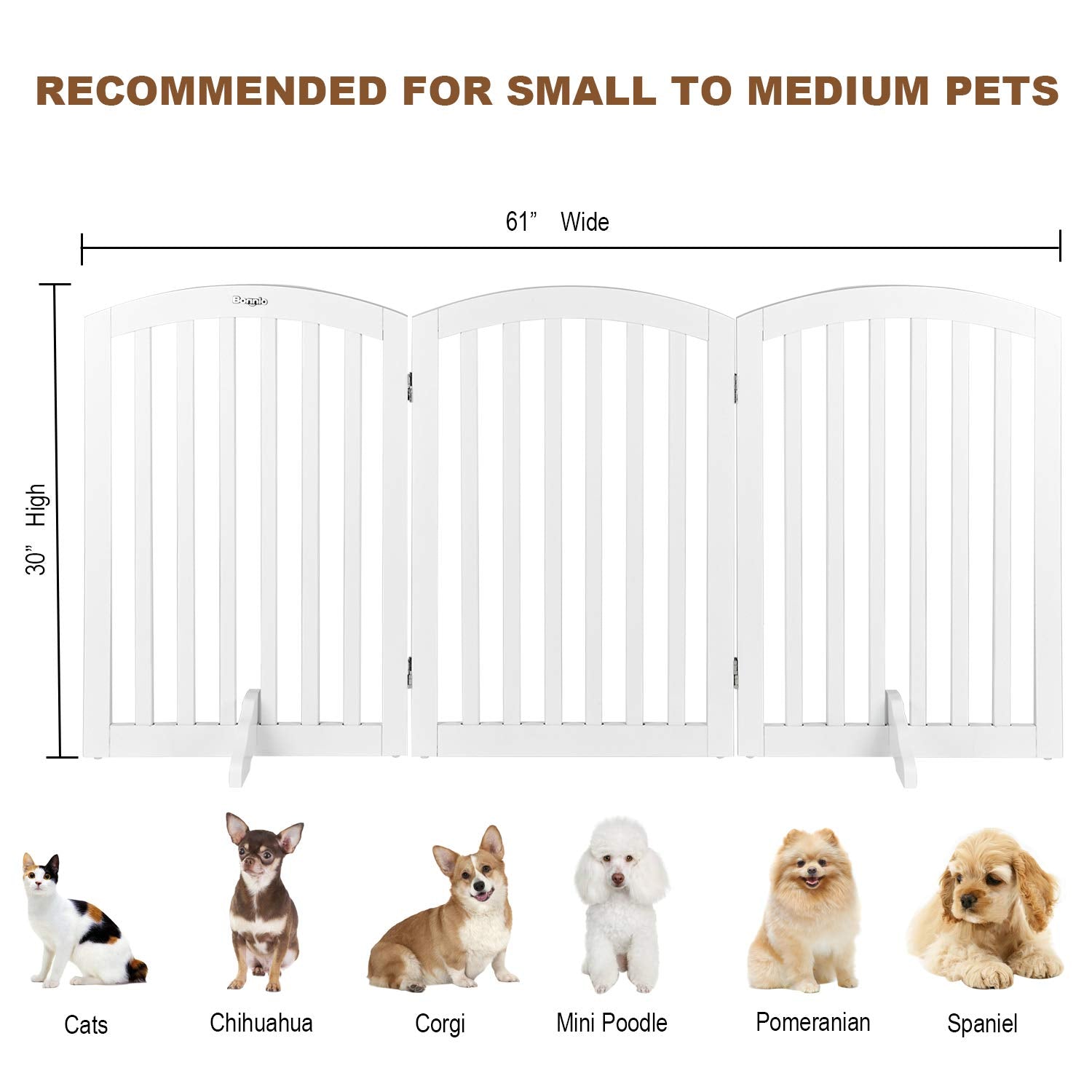 Bonnlo 30'' Tall White Freestanding Dog Gates For Doorways, Trifold Pet Gate Step Over Foldable Gate, Wooden 3 Panel Pet Gate Ch