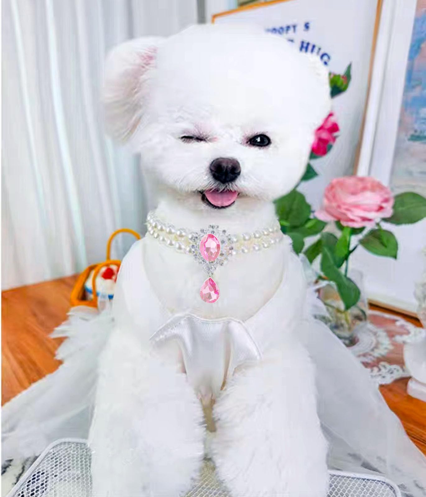 Daovace 2 Row Pearls Collar For Cats Pearl Dog Rhinestone Necklaces For Small Dogs Accessories Cat Pearl Collar (Small, Pink)
