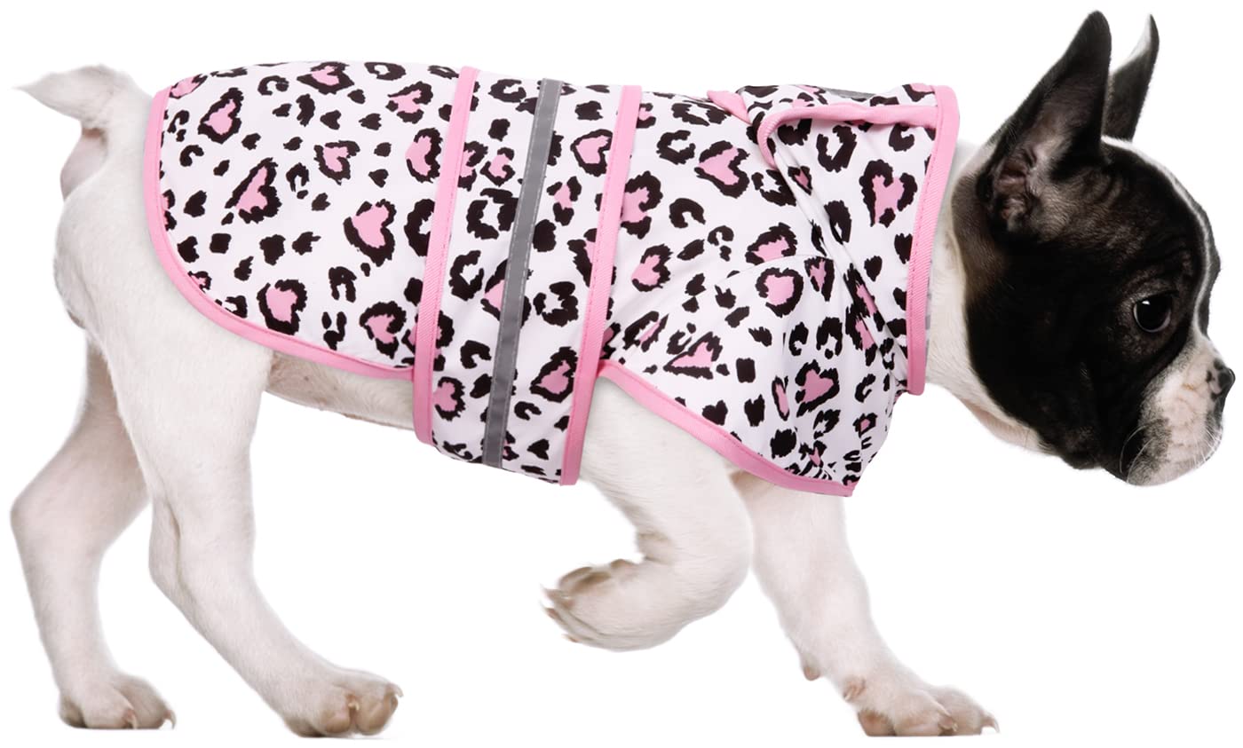 Hde Dog Raincoat Hooded Slicker Poncho For Small To X-Large Dogs And Puppies Leopard Hearts - S