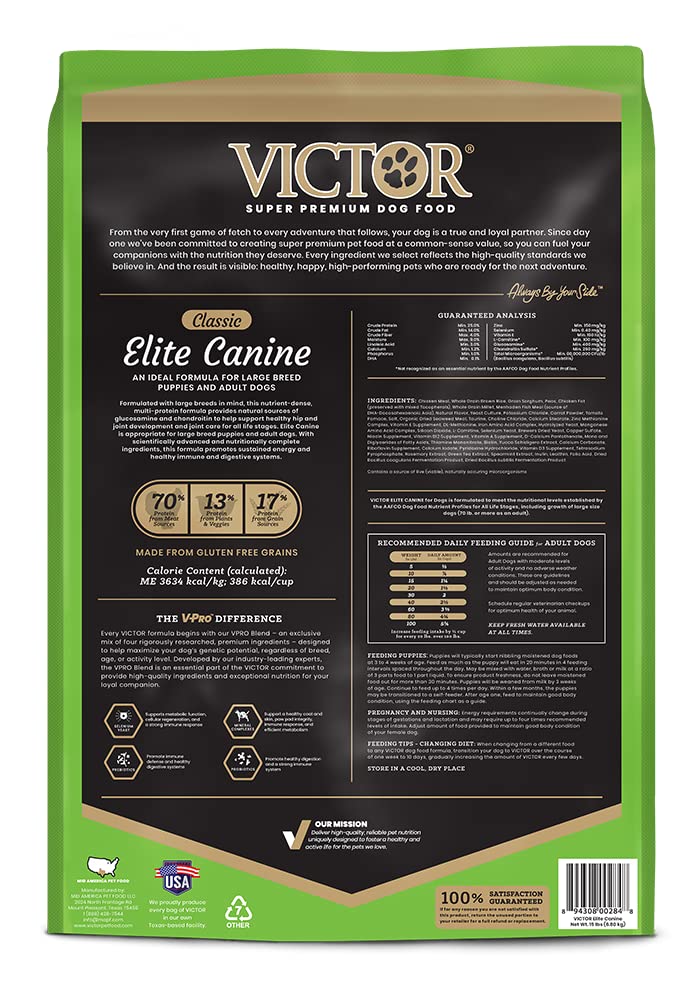 VICTOR Super Premium Dog Food - Elite Canine Dry Dog Food with Chicken & Fish Meal - 25% Protein, 14% Fat, Gluten Free - for Lar