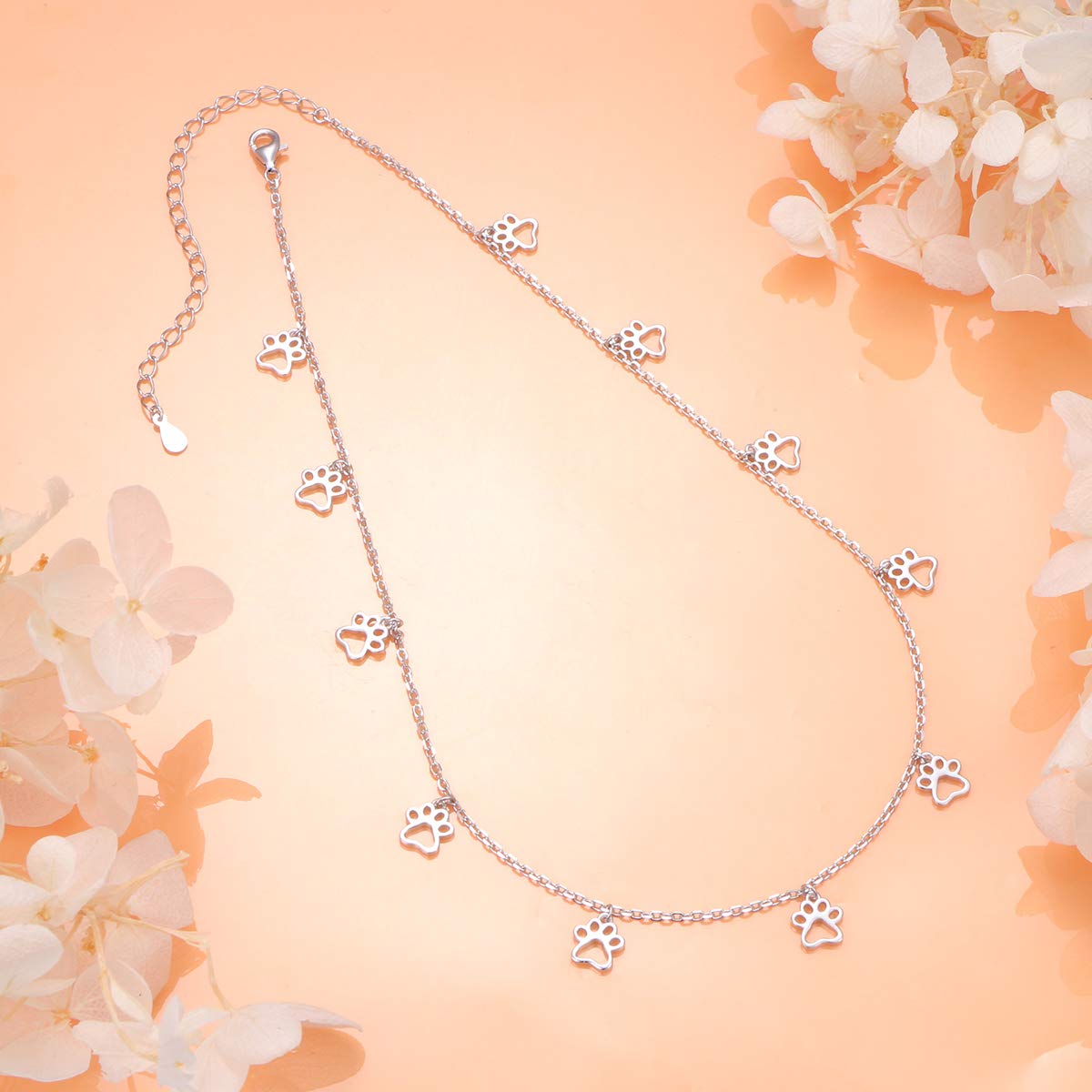 S925 Sterling Silver Puppy Dog Cat Pet Paw Print Choker Disc Chain Statement Pendant Necklace Jewelry For Women 13+3 Inches