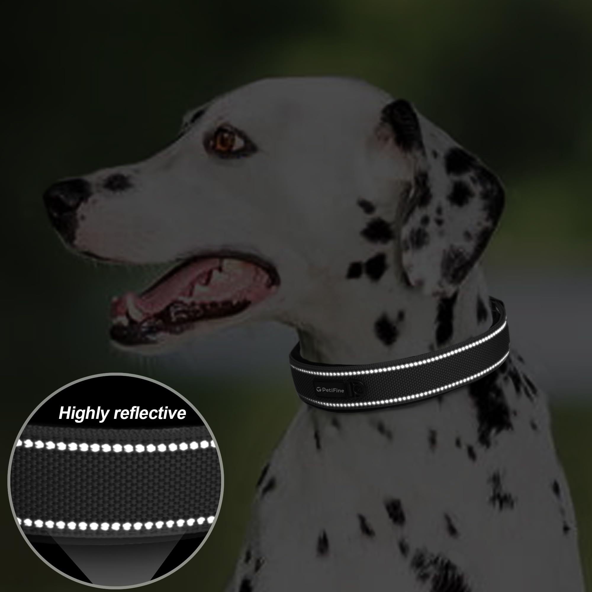 Petifine Neoprene Padded Dog Collar, Heavy Duty Comfort Dog Collar With Durable Metal Buckle, Reflective Adjustable Belt Buckle Dog Collars For Small Medium Large Dogs(19''-23'', Black