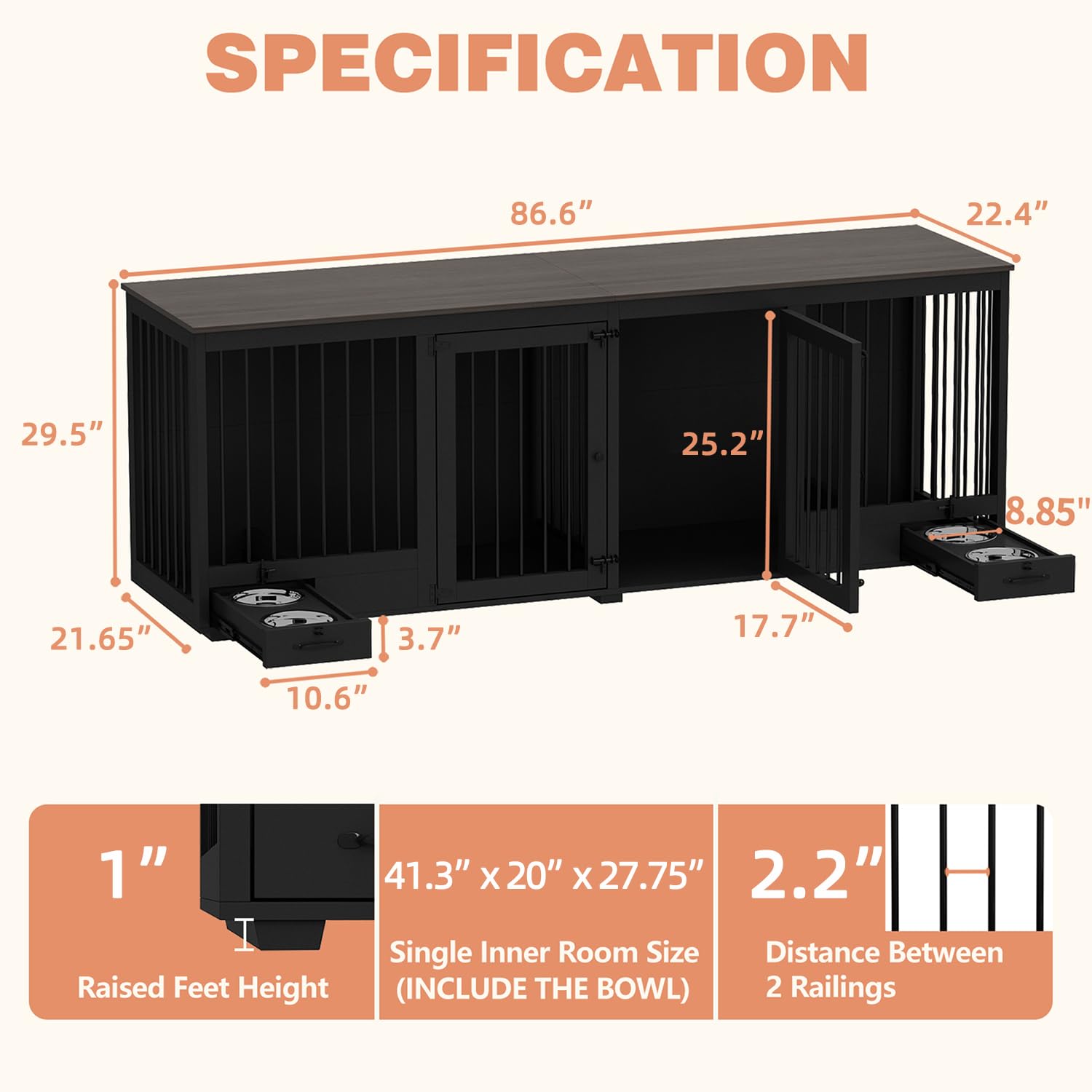 DAWNSPACES Furniture Style Large Dog Crate for 2 Dogs, 86.6  Heavy Duty Wooden Dog Kennel with Dog Bowl Drawers & Divider, Indoo