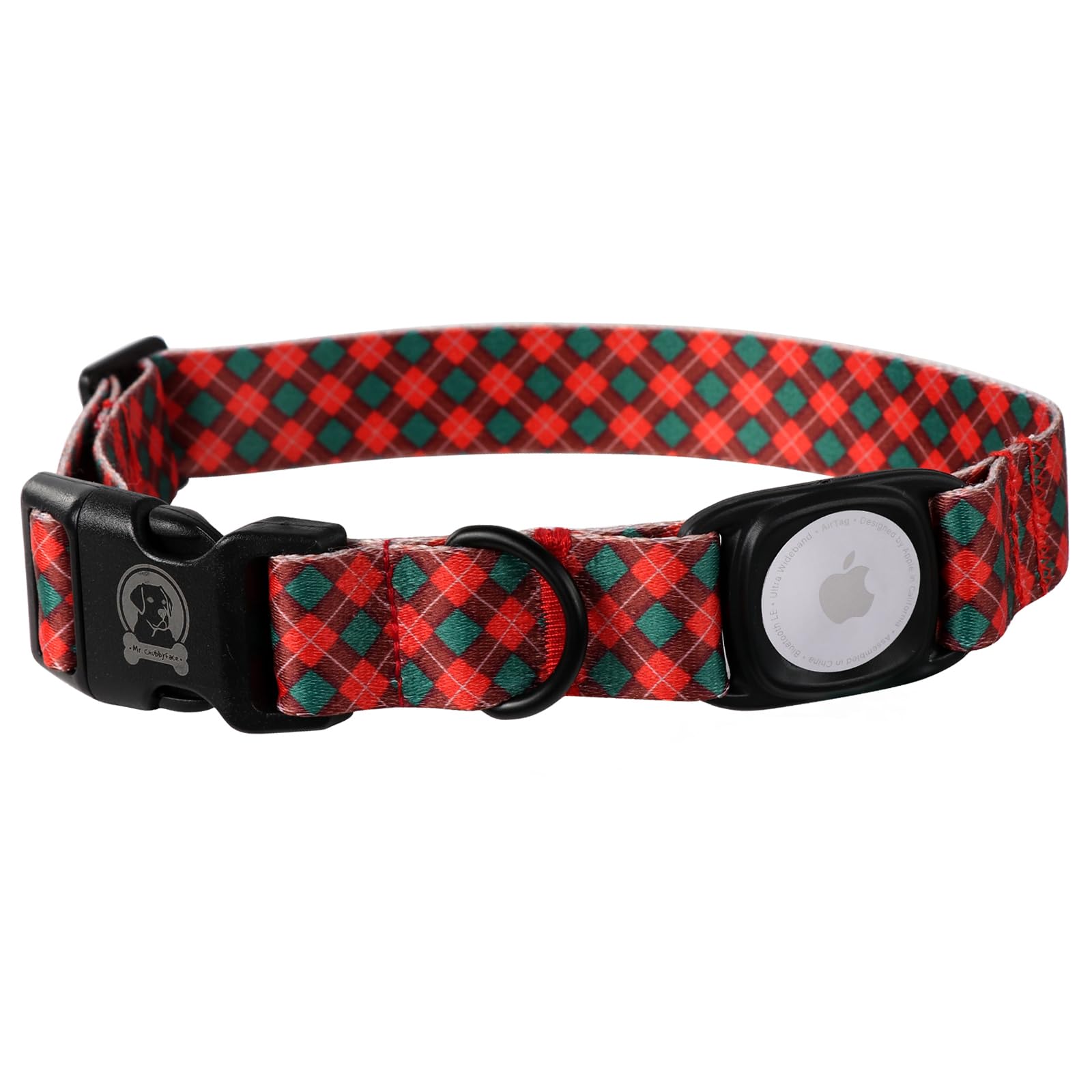 Christmas Dog Collar With Apple Airtag Holder Mr.Chubbyface Red And Green Plaid Dog Collar For Small Medium Large Boy Girl Dogs