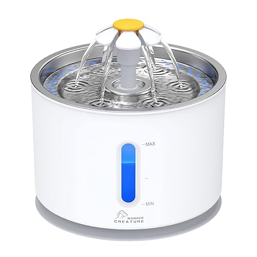 Wonder Creature Water Fountain with Stainless Steel Lid, 2.4L/81oz Automatic Fountain with LED Light and Water Level Window for