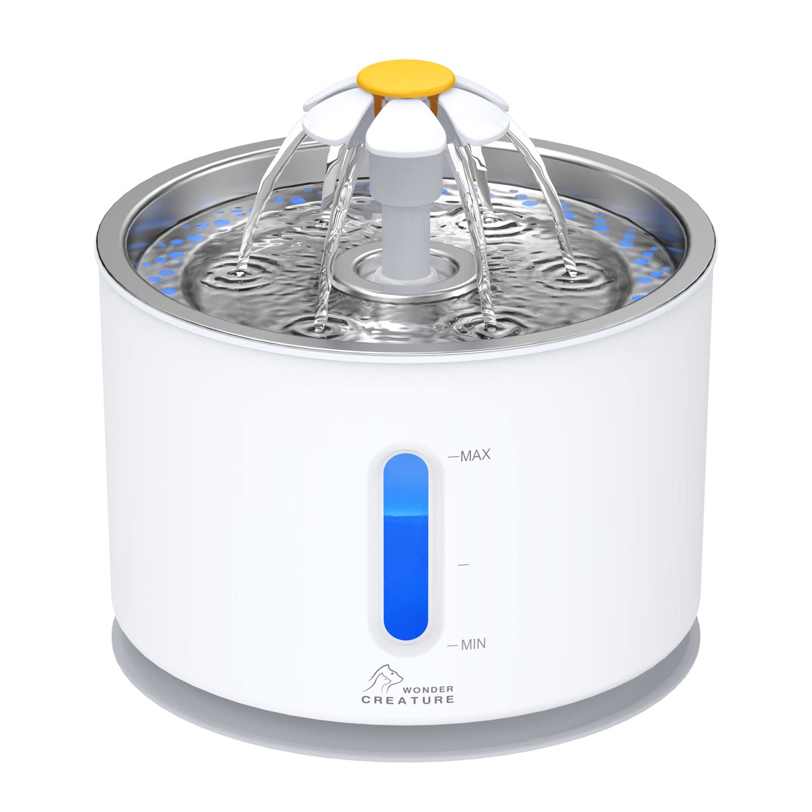 Wonder Creature Water Fountain with Stainless Steel Lid, 2.4L/81oz Automatic Fountain with LED Light and Water Level Window for 