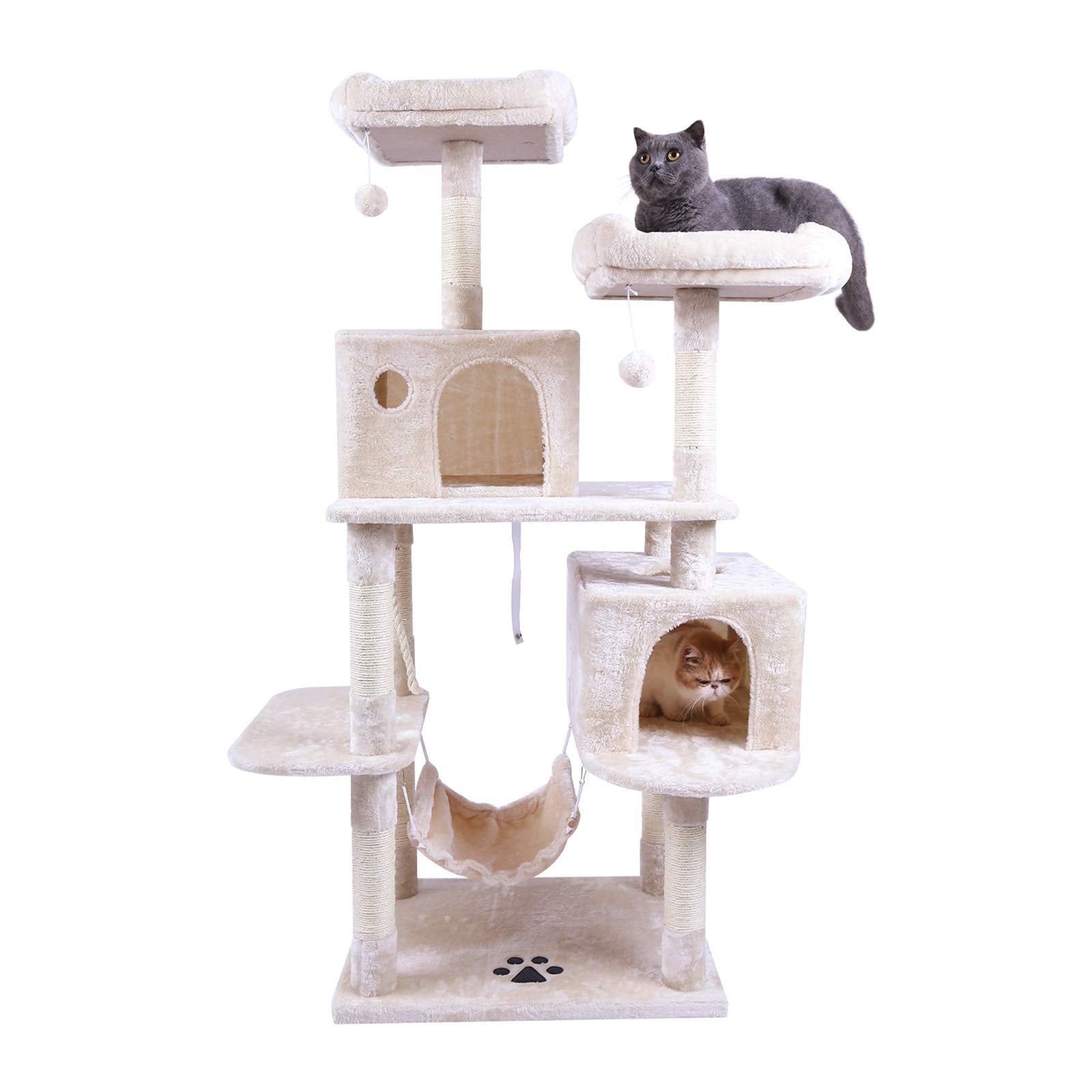 Hey-Brother Large Multi-Level Cat Tree Condo Furniture With Sisal-Covered Scratching Posts, 2 Bigger Plush Condos, Perch Hammock For Kittens, Cats And Pets Beige Mpj020M