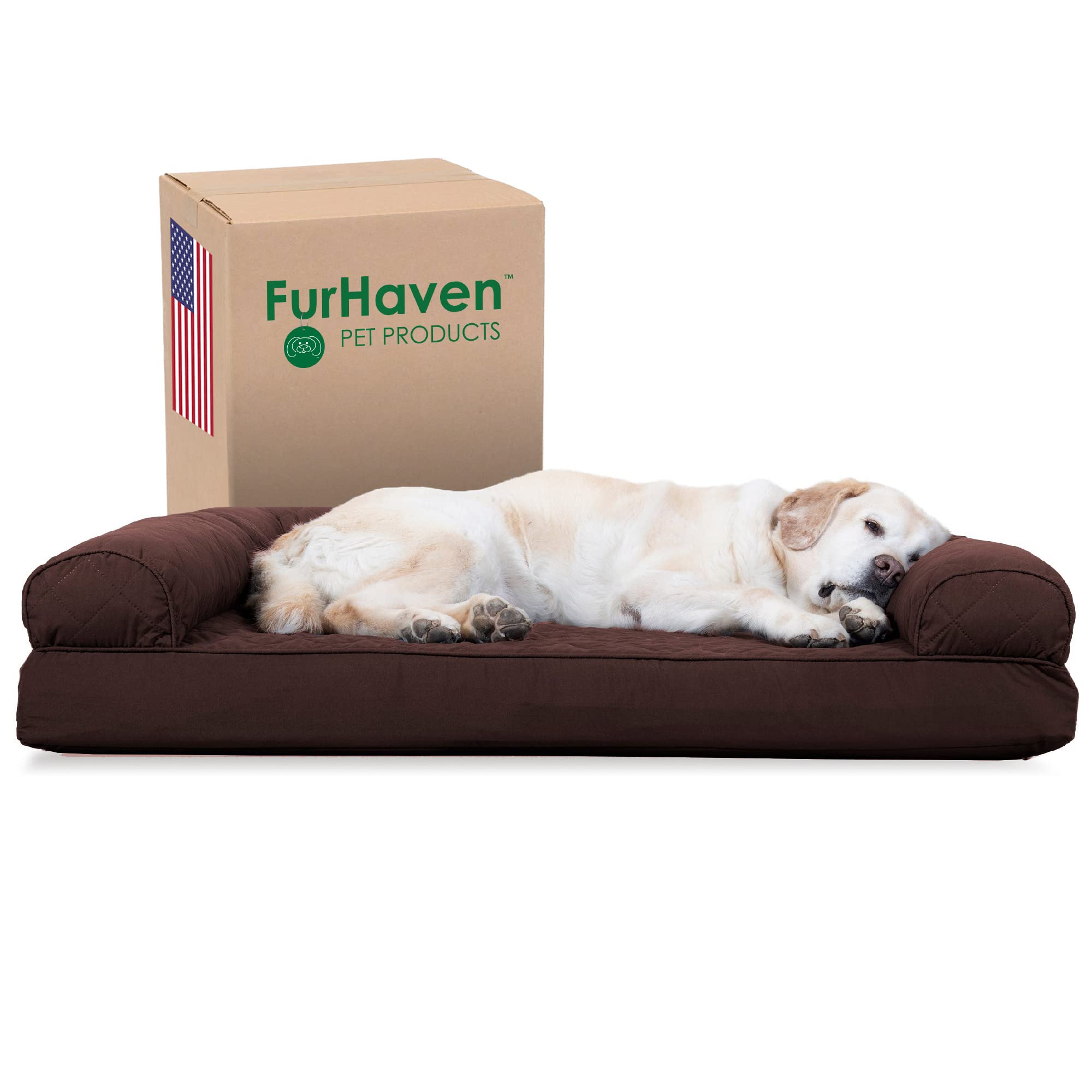 Furhaven Cooling Gel Dog Bed For Large Dogs W/ Removable Bolsters & Washable Cover, For Dogs Up To 95 Lbs - Quilted Sofa - Coffe