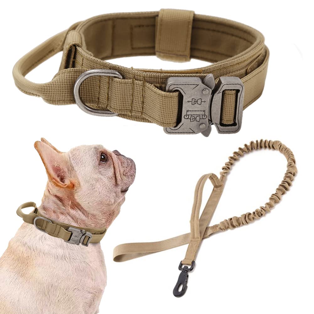 Tactical Dog Collar And Leash Set Tactical Dog Collar With Handle Bungee Leash Adjustable Military Training Nylon Collar Dog Training Collar Leash Set With Control Handleand Metal Buckle (Brown S
