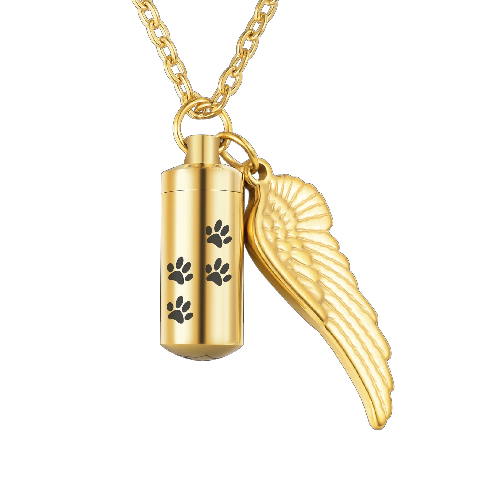 Abooxiu Cylinder Cremation Necklace For Pet Ashes Urn Necklace With Angel Wing Pet Paw Ashes Necklace For Dog/Cat Pet Memorial Keepsake Jewelry