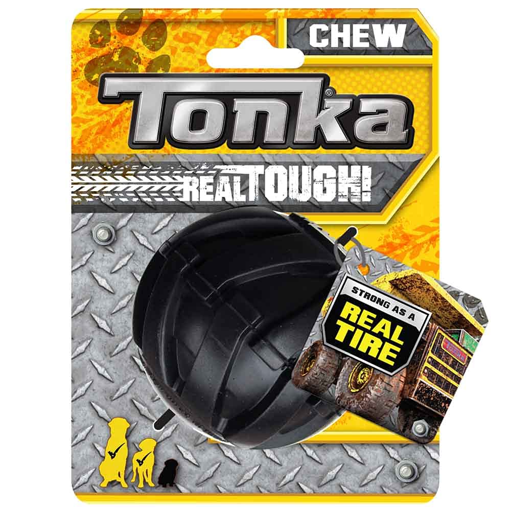 Tonka Three Dog Toy Gift Set - 3In Mega Ball, 7In Axle Tread With Insert Feeder, And 10.5In Rubber Flex Tread 3-Ring Tug - Yello