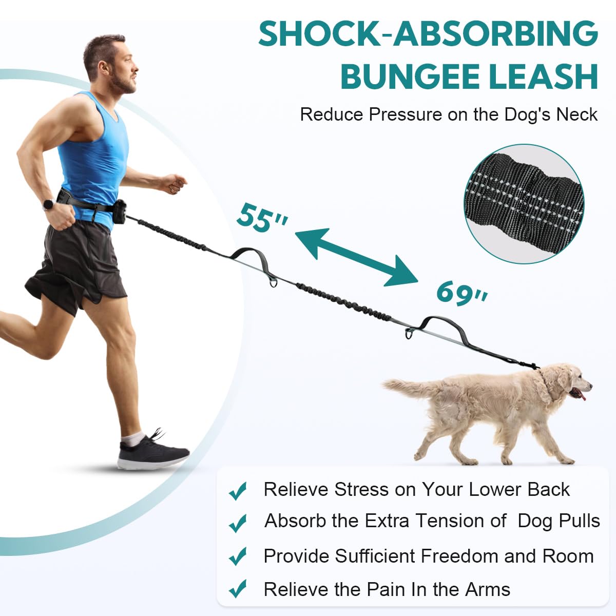 Yicostar Hands-Free Dog Leash with Pouch, Retractable Bungee, Double Padded Handles, Black/Grey, for Medium & Large Dogs