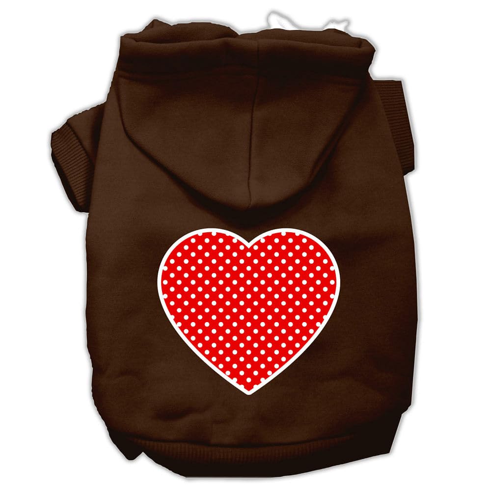 Pet Dog & Cat Hoodie Screen Printed, 'Red Swiss Dots Heart' Brown Sm (3-6 Lbs.)
