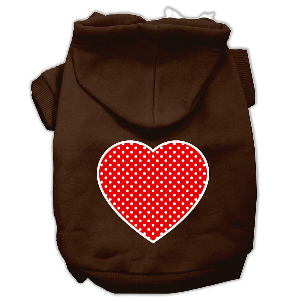 Pet Dog & Cat Hoodie Screen Printed, 'Red Swiss Dots Heart' Brown Xs (0-3 Lbs.)