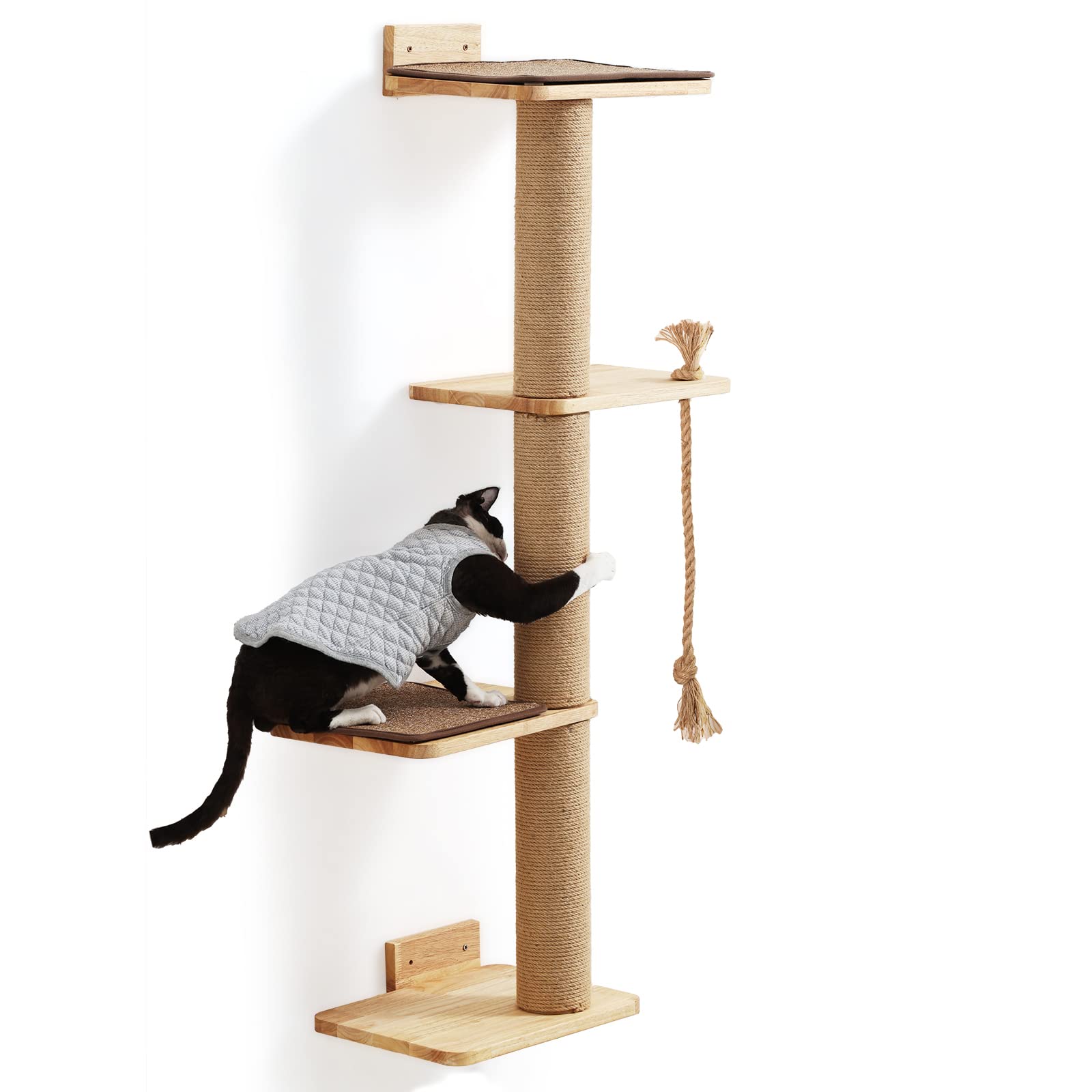Fukumaru Cat Scratching Activity Tree Wall Mounted, 50 Inch Scratch Post For Large Cats, Kittens With Cat Bed, Rubber Wood, Large