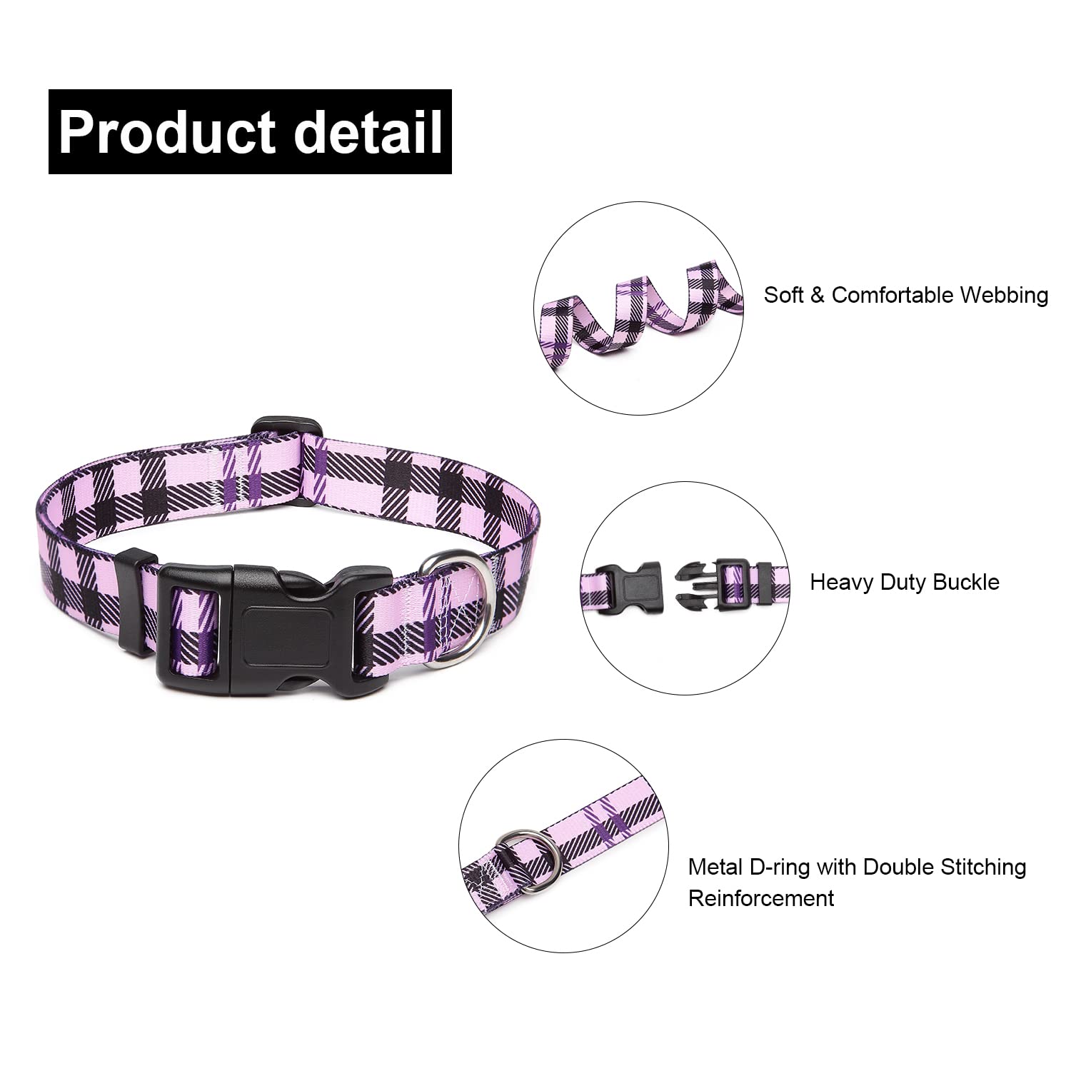 Mercano Adjustable Dog Collar - Special Design Patterns, Soft Nylon Comfortable Durable Pet Collar For Small Medium Large Dogs (M, Purple Plaid)