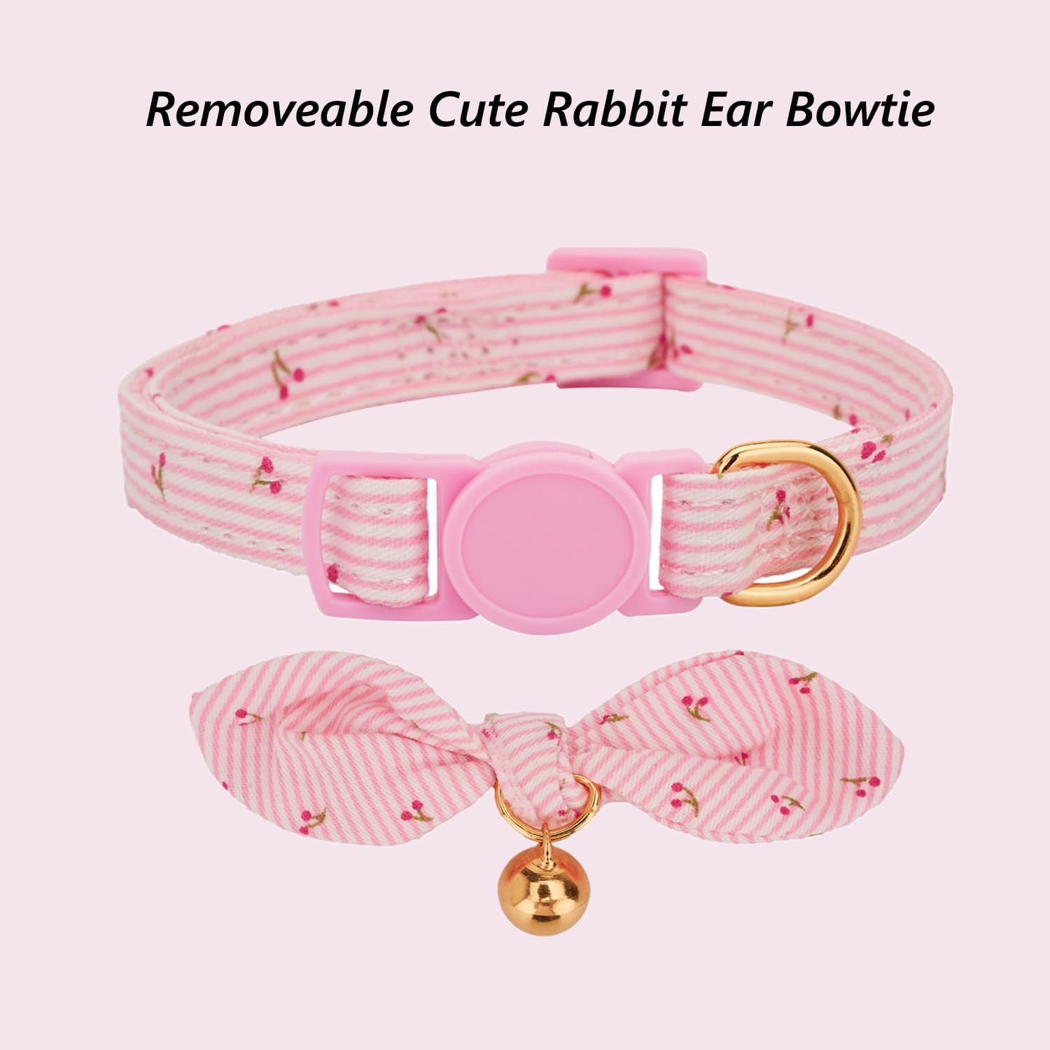 Petiry 2 Pack Cotton Cat Collar, Removable Bowtie, Floral Pattern, Safety Breakaway Clasp, Adjustable For Cats.(Adult Cat, Pink+