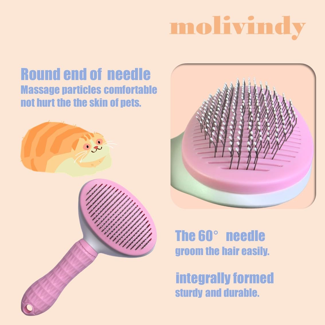Molivindy Self Cleaning Slicker Brush,Dog Brush With Massage Particles,Removes Loose Hair & Tangles,Skin Friendly & Promote Circ