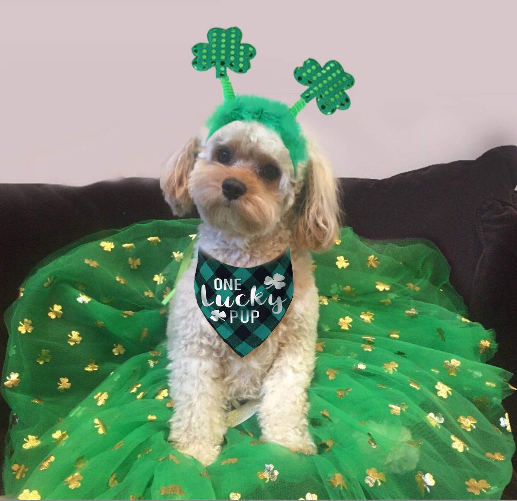 St Patricks Day Dog Costume, Green Shamrock Headband And Buffalo Plaid Pet Bandana