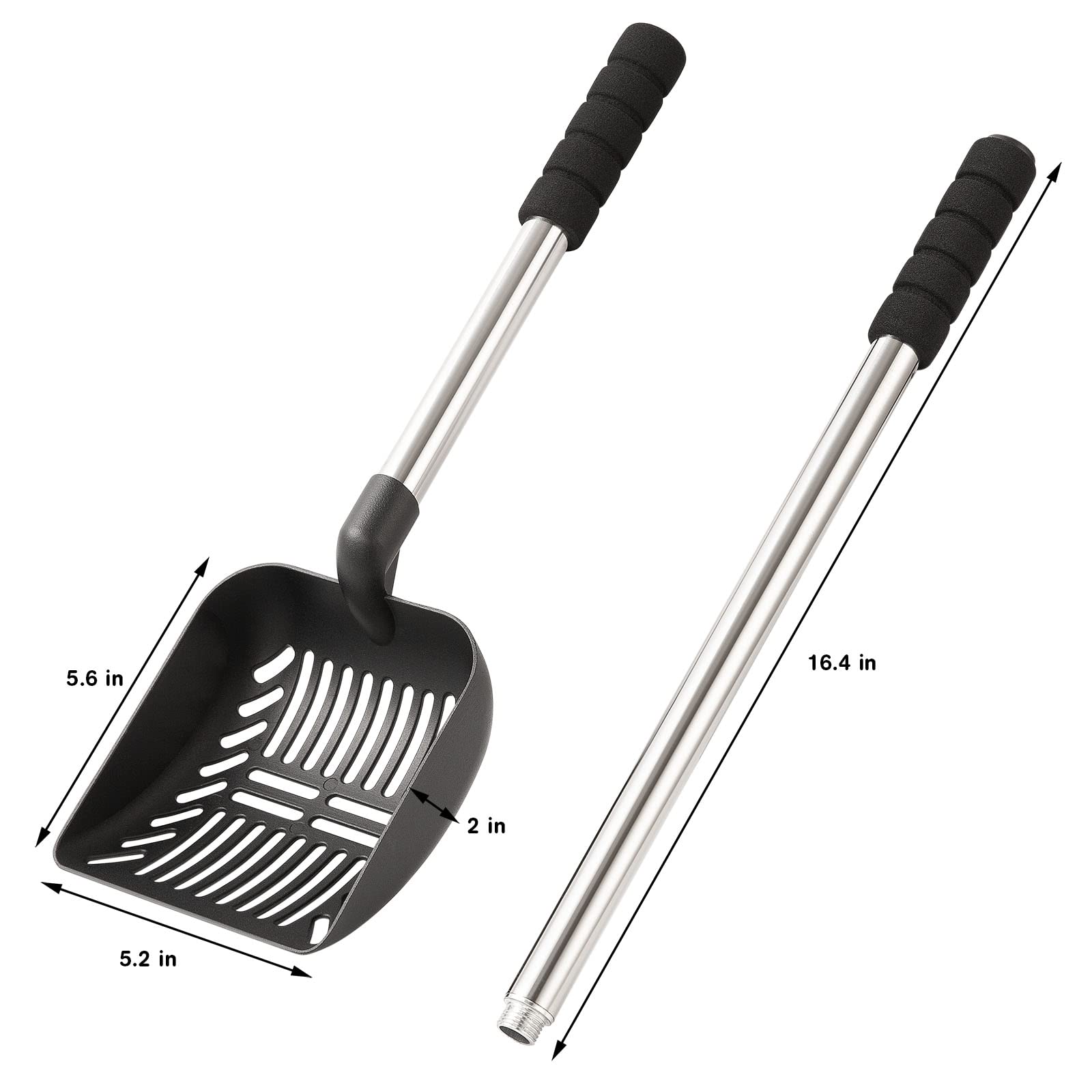 Yangbaga Metal Cat Litter Scoop With Deep Shovel&Long Handle,Detachable Stainless Steel Non-Stick Litter Sifter With Foam Padded Grip, No Bending Back Heavy Duty Cat Litter Scooper (Black Shovel)
