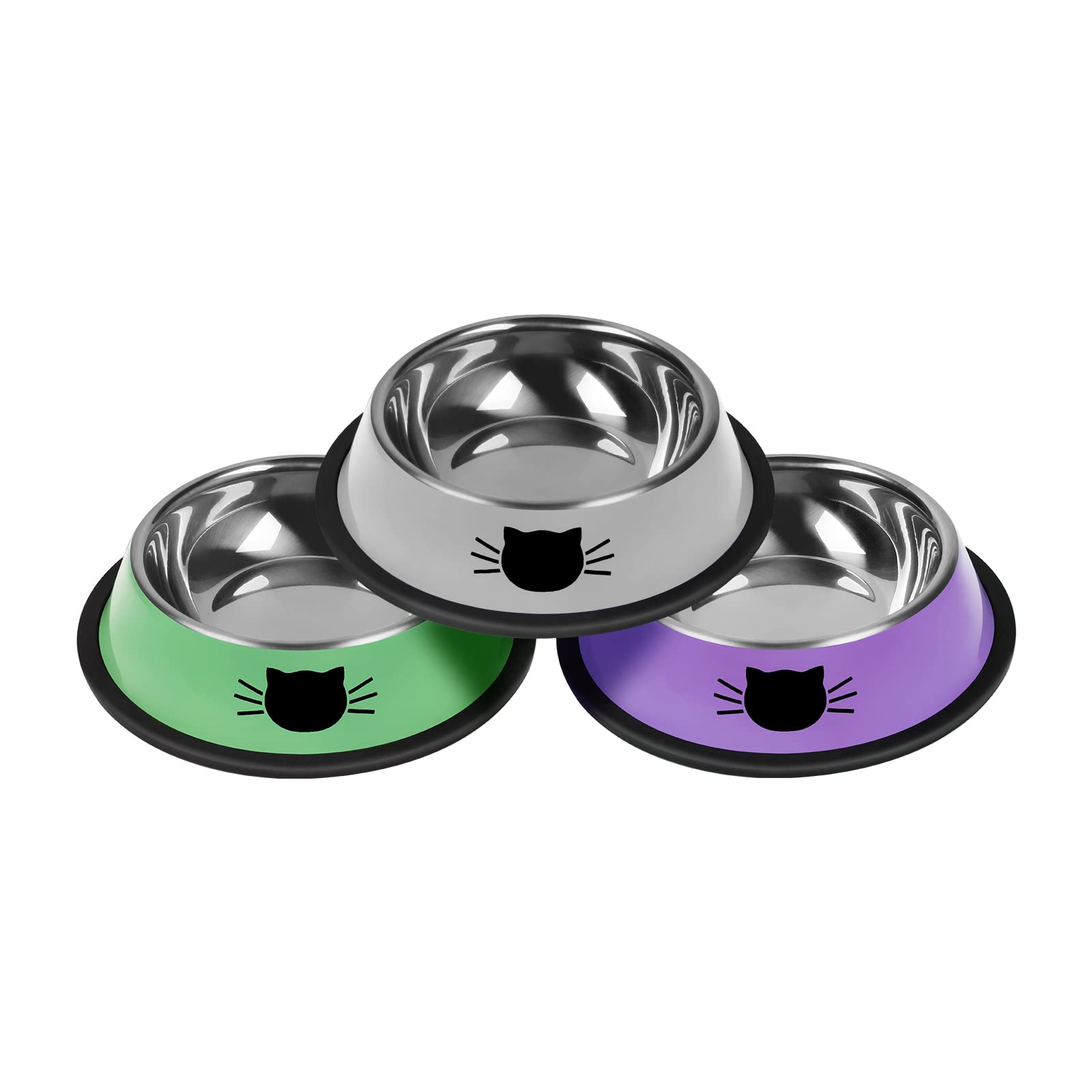Serentive 3Pcs Cat Bowls, Non-Slip Stainless Steel, 7 Oz, Suitable For Indoor Pets, Removable Rubber Base, Lovely Color