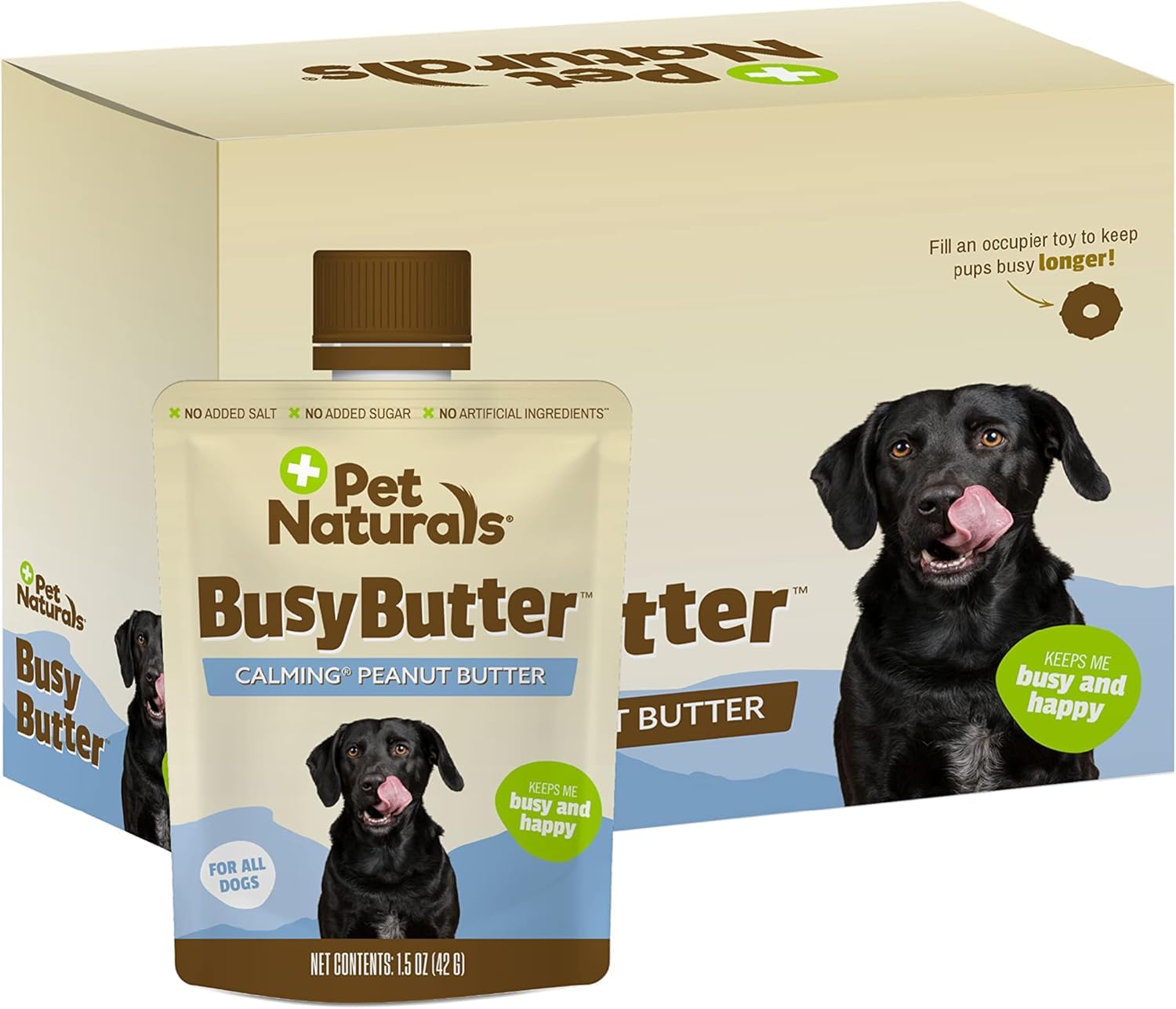 Pet Naturals BusyButter Easy Squeeze Calming Peanut Butter for Dogs, 6 Pouches - Great for Treats, Lick Mats, Training, Calming,
