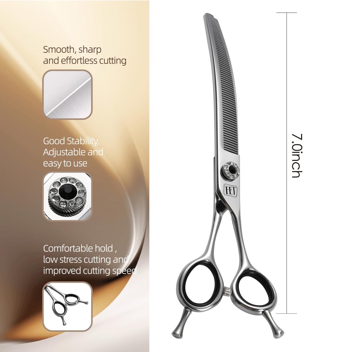 FENICE TOTEM 7.0" Curved Thinning Dog Grooming Scissors, Japanese 440C Stainless Steel for Pets, Model WY70