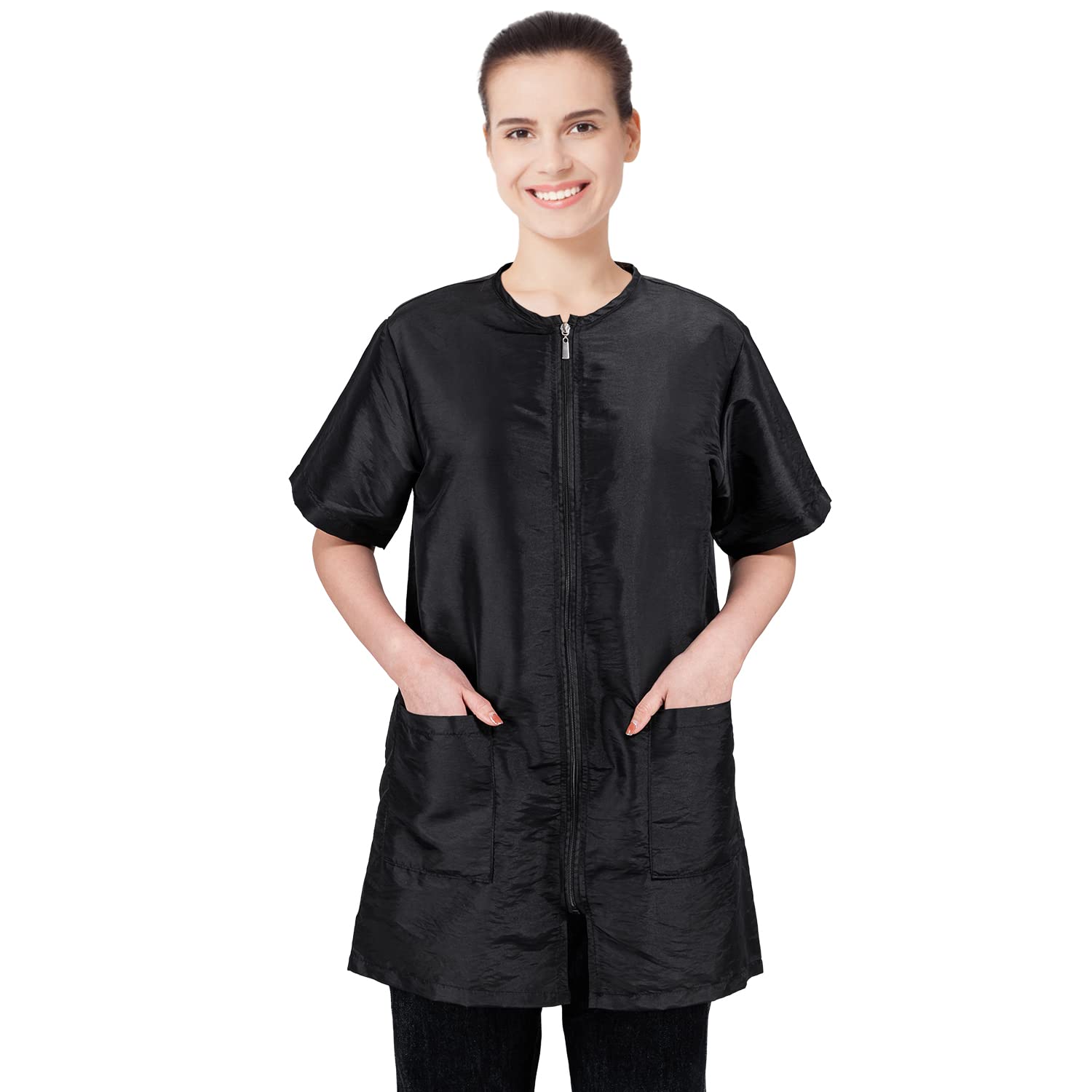 Noverlife Black Pet Grooming Workwear With Full Zipper, M Size, Anti-Static Dog Bathing Work Clothes Hairdresser Uniform With Pockets, Lightweight Pet Groomer Jacket Cosmetologist Smock For Women Men