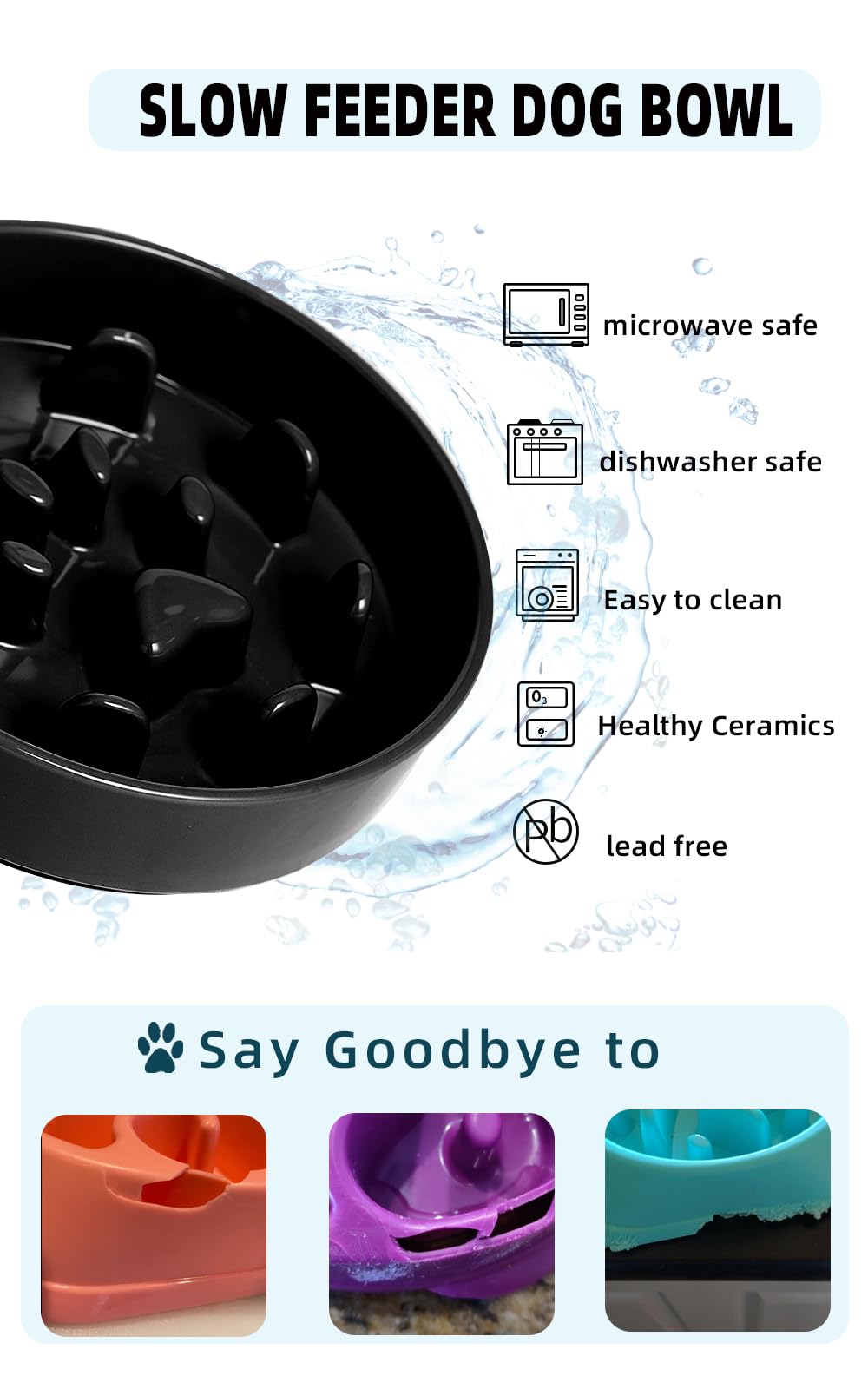 Haotop Ceramic Fun Slow Feeder Dog Bowl, Porcelain Slow Eater Bowl For Dogs (Black)