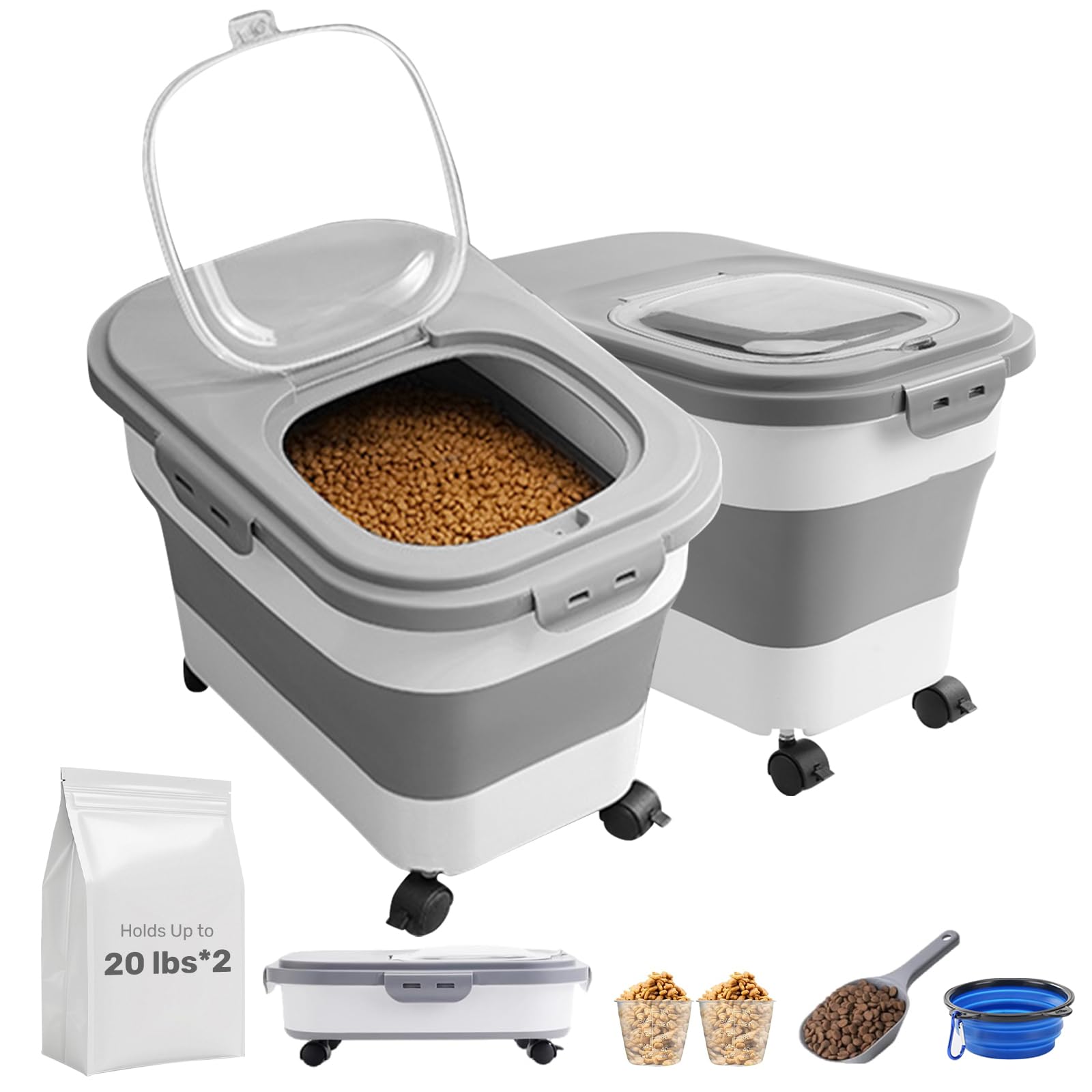 SEWIU Dog Food Storage Container 2pack*20LB,Collapsible Dog Food Container with Travel Silicone Bowl and Scoop for Dog/Cat/Bird 