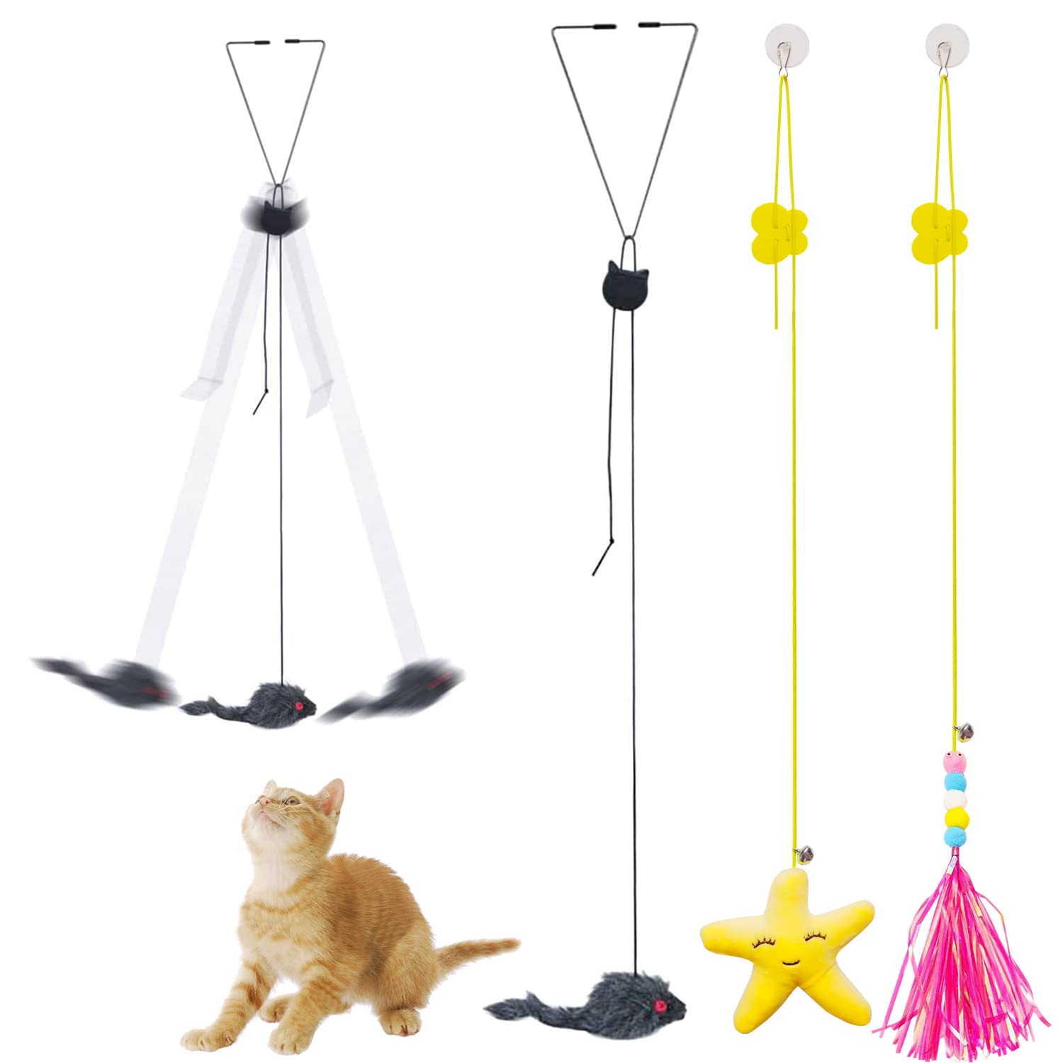 Mice Toys For Indoor Cats - 3 Pack Hanging Door Cat Toys With Tassel - Retractable Cat Toy With Rope Mouse Starfish Caterpillar 