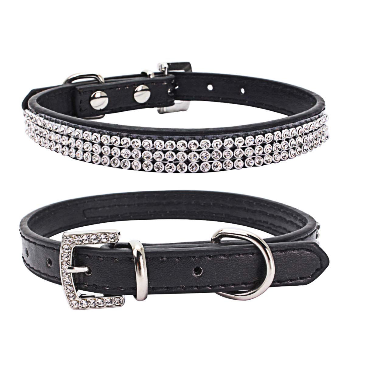 Thain Basic Adjustable Dog Cat Collar Bling Rhinestones Shing Diamonds Pu Leather With Rhinestones Buckle (Xs(Length 8'-10'), Black)