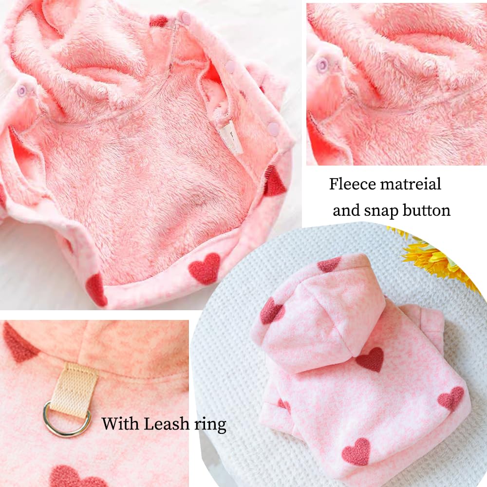 Aniac Pink Dog Hoodies For Small Dog Valentines Day Puppy Clothes With Leash Ring Cute Heart Pattern Cat Sweater Hooded Pet Swea