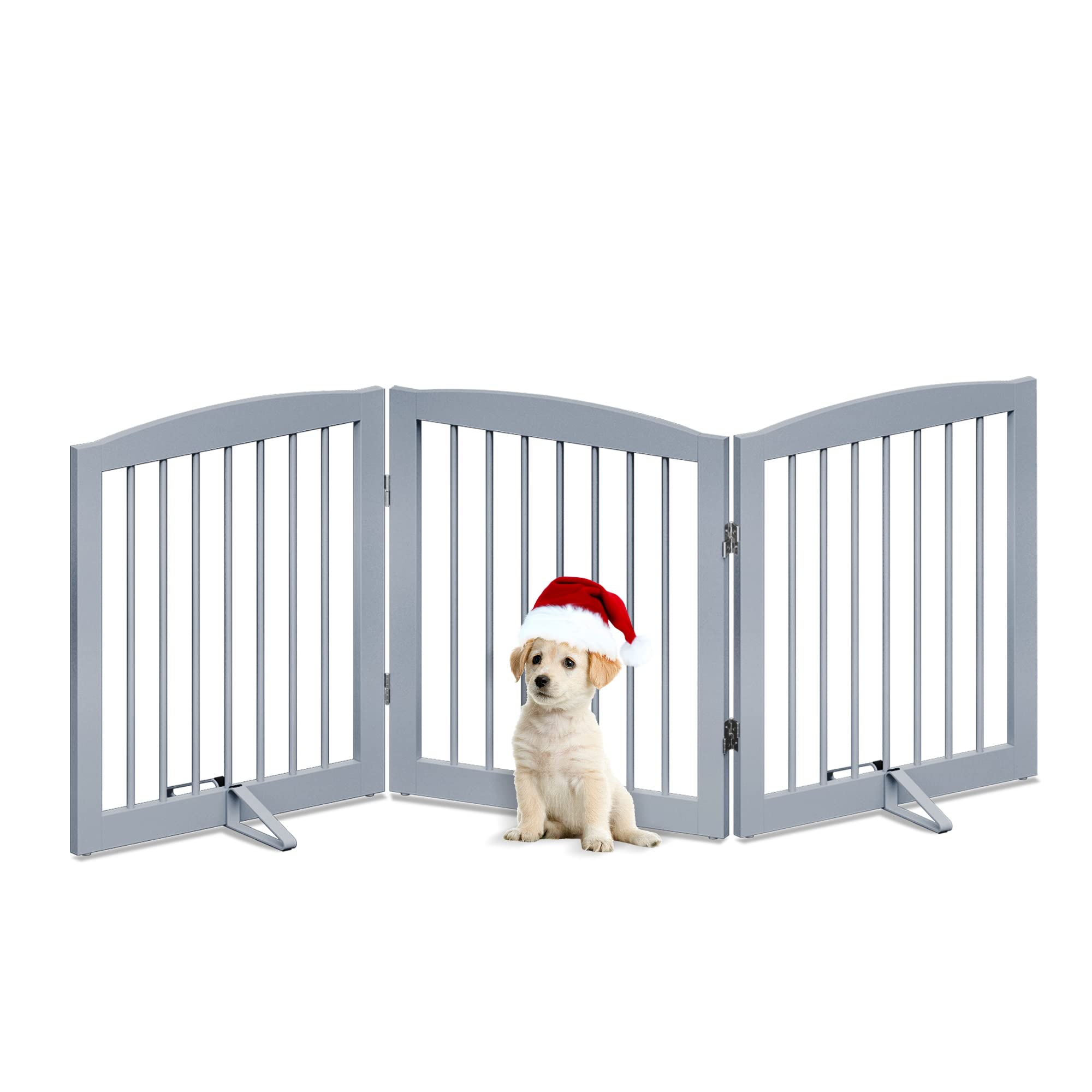 Pupetpo Freestanding Pet Gate For Dogs, Foldable Wooden Dog Gate For House, Indoor Dog Gate For Doorways, Stairs, Step Over Pet Puppy Safety Fence, Support Feet Included, 24' Height 3 Panels, Grey