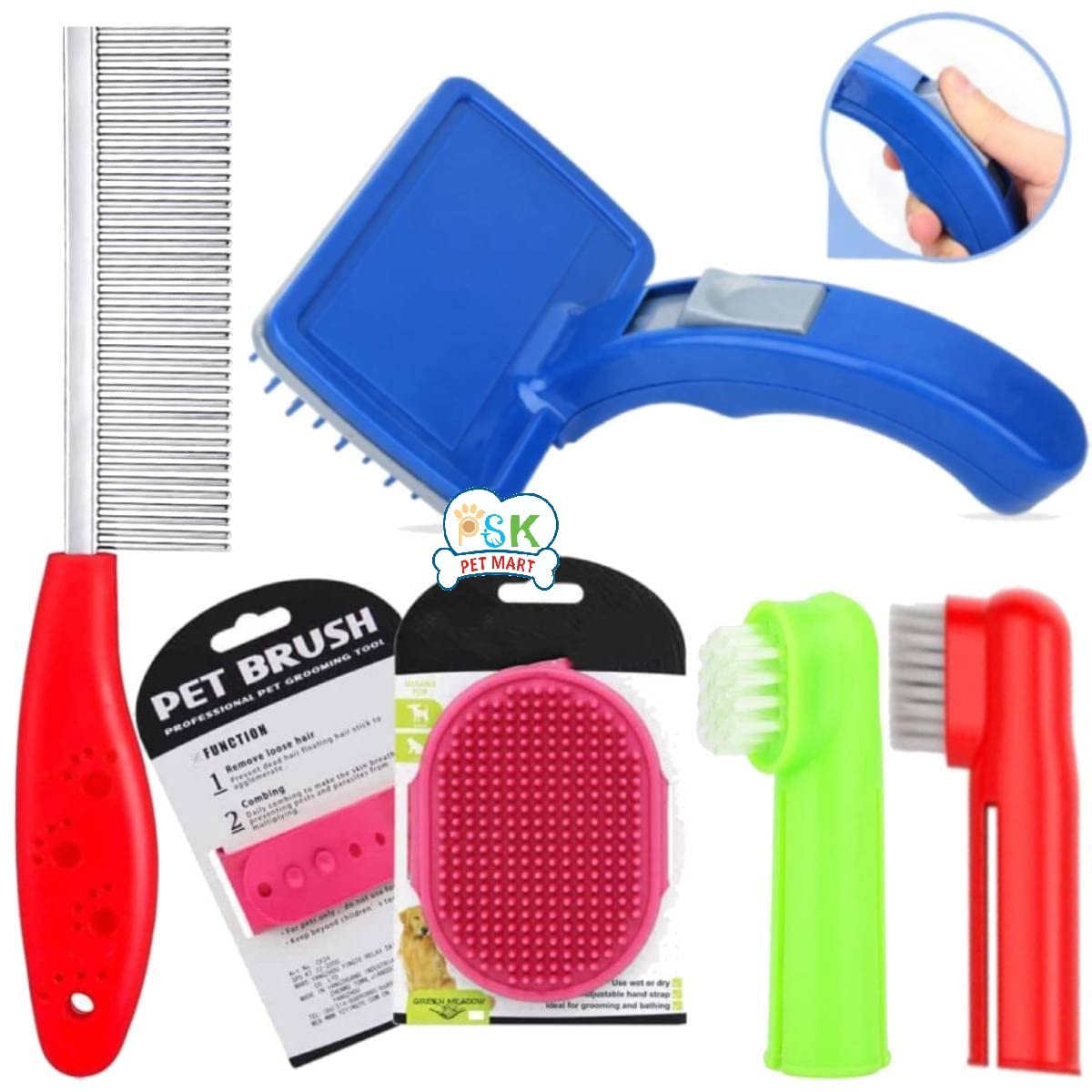 Psk Pet Mart Dog Grooming Kit  Dog Plastic Slicker Brush With Press Key For Puppies And Dogs + Dog Toothbrush + Pet Grooming Gl