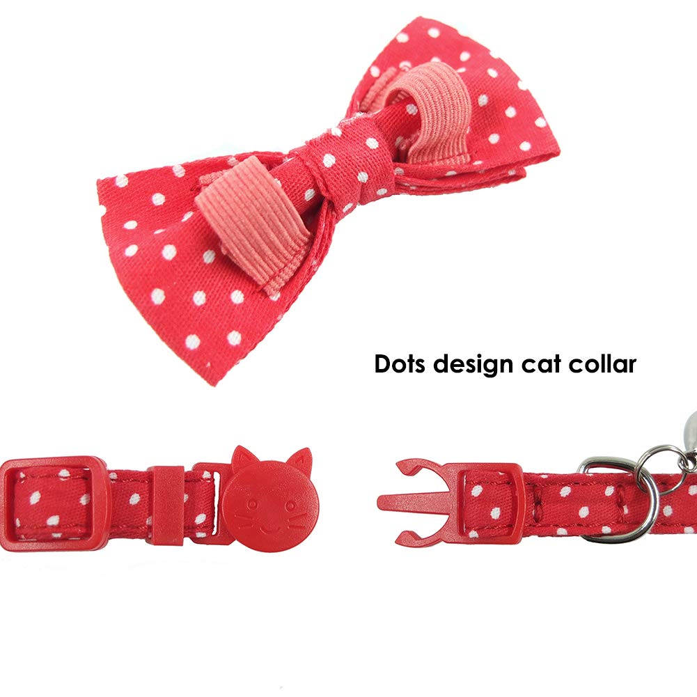 Cat Collar with Bell and Bow Tie, Breakaway Clasp Cute Dots Kitty Kitten Collar Set of 2 PCS(6.8-10.8in) (Black&Red Dots)