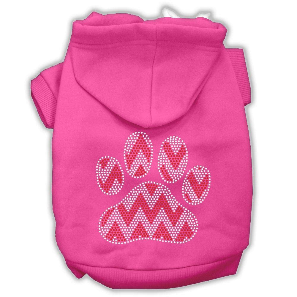 Christmas Pet, Dog & Cat Hoodie Rhinestone, 'Candy Cane Chevron Paw' Bright Pink Xs (0-3 Lbs.)